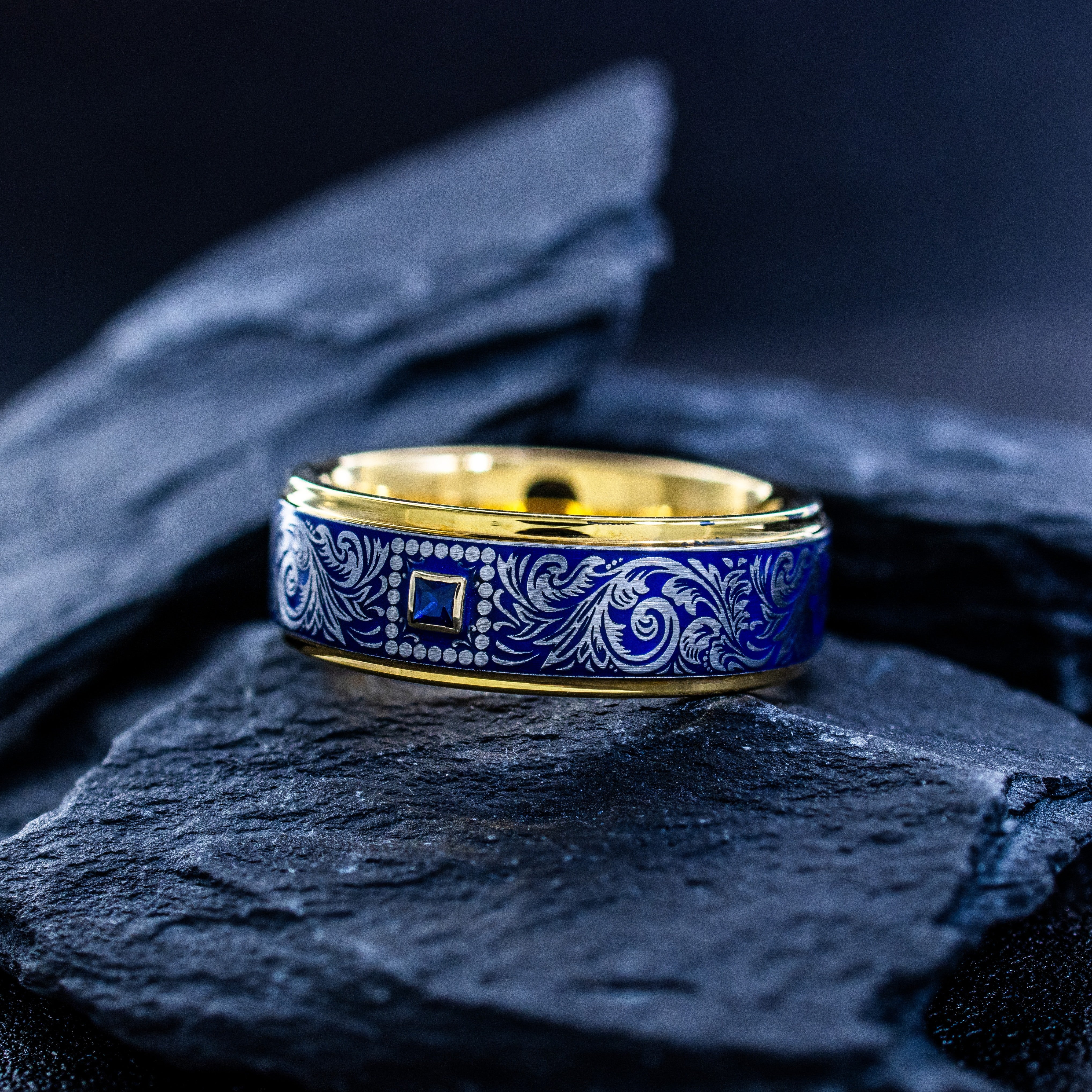 Royal Blue Enamel Victorian Floral Ring with a Fleur de Lis, 8mm Yellow Gold Plated Band with Gemstone