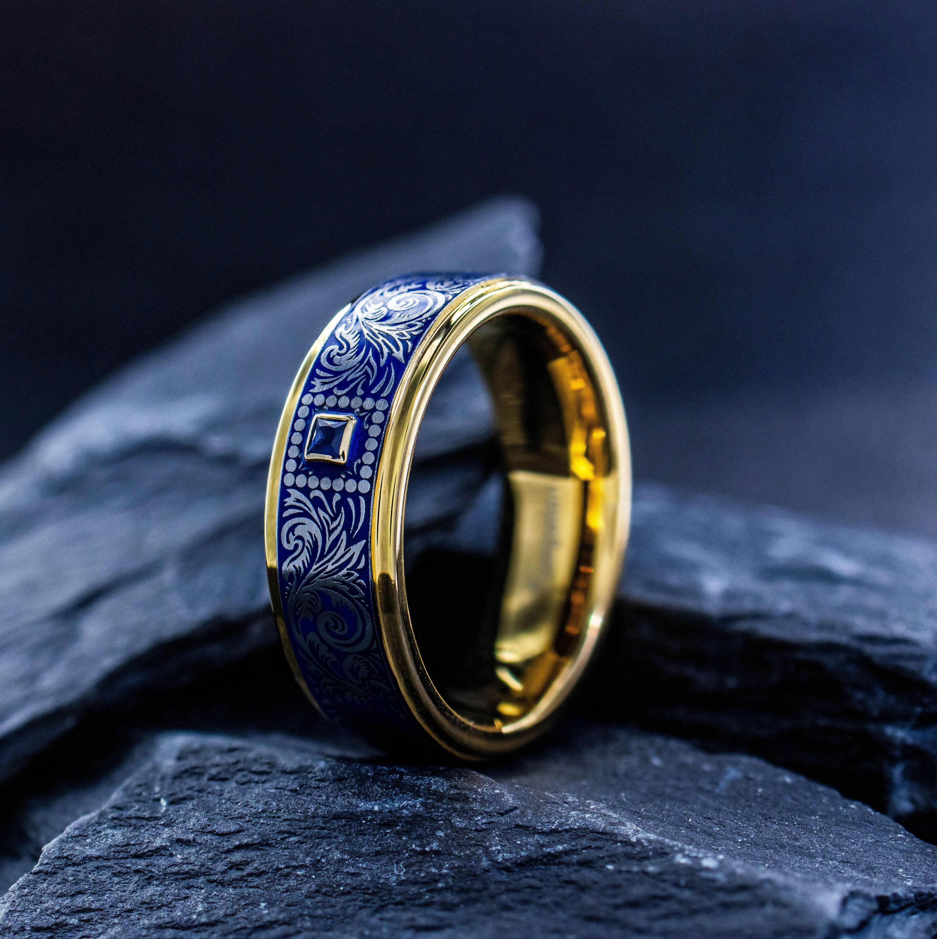Royal Blue Enamel Victorian Floral Ring with a Fleur de Lis, 8mm Yellow Gold Plated Band with Gemstone