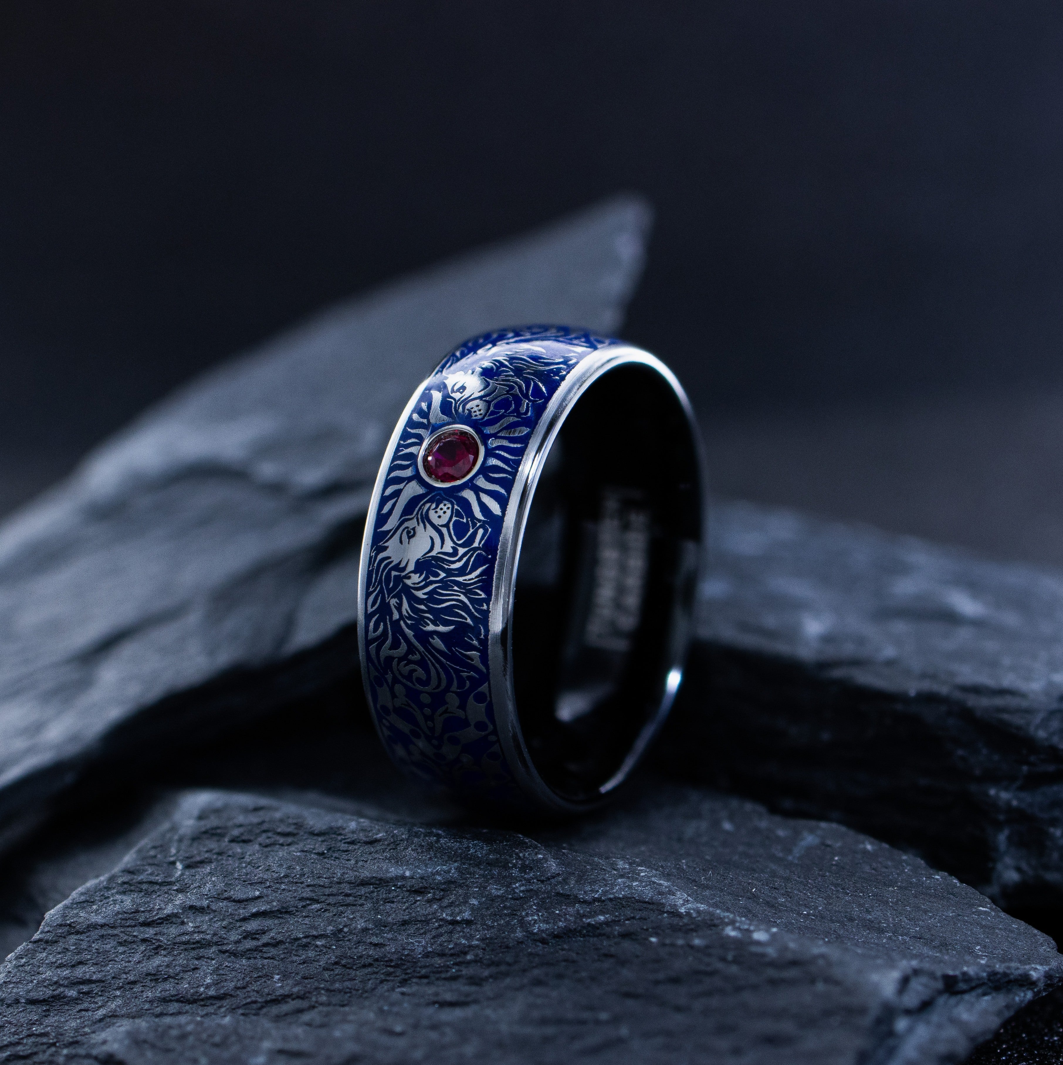 Lion Heads and Gemstone Tungsten Ring with Royal Blue Enamel, 8mm Personalized Tungsten Carbide Band
