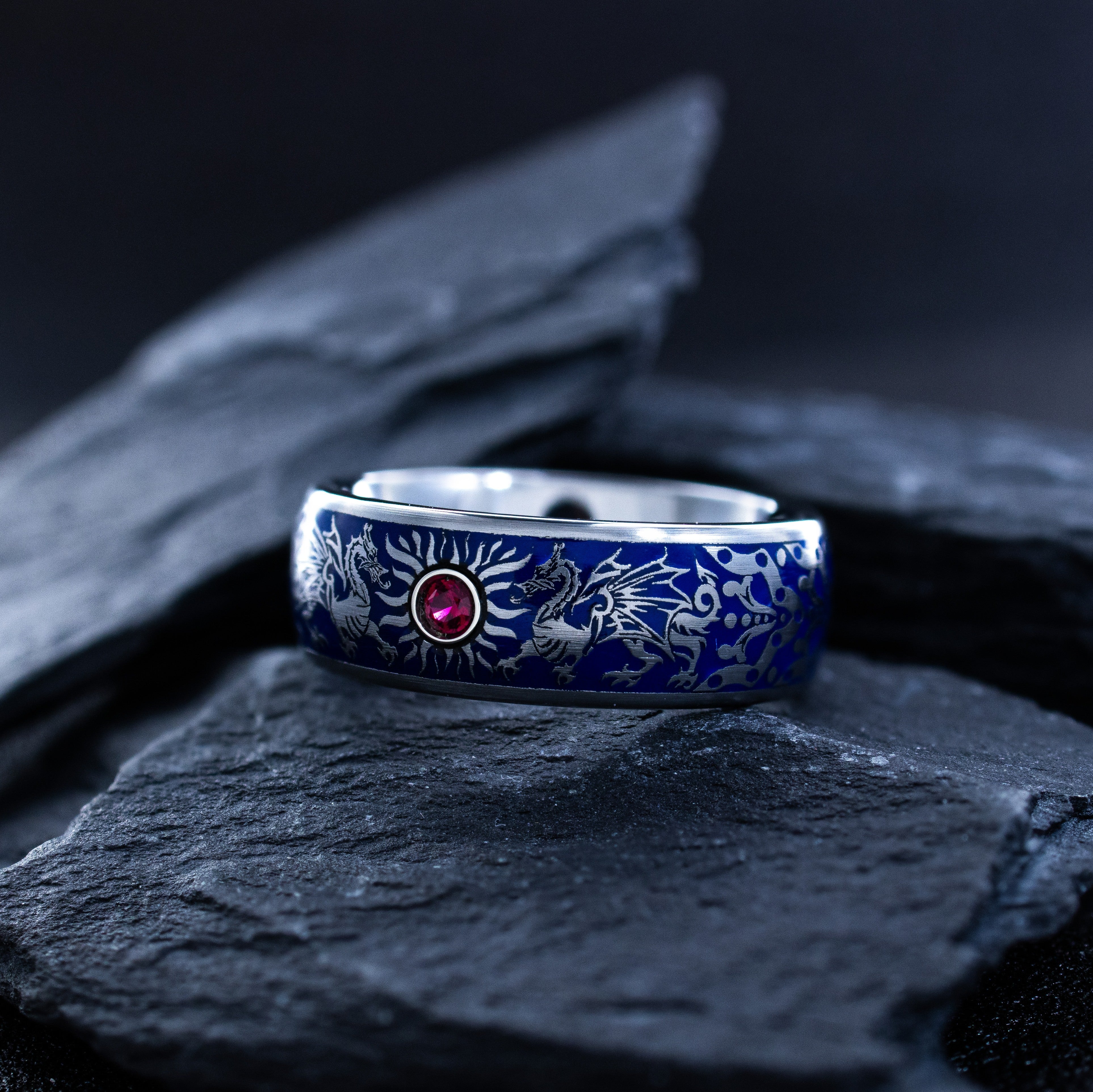 Heraldic Dragon Tungsten Ring with Royal Blue Enamel, 8mm Celtic Dragon Band