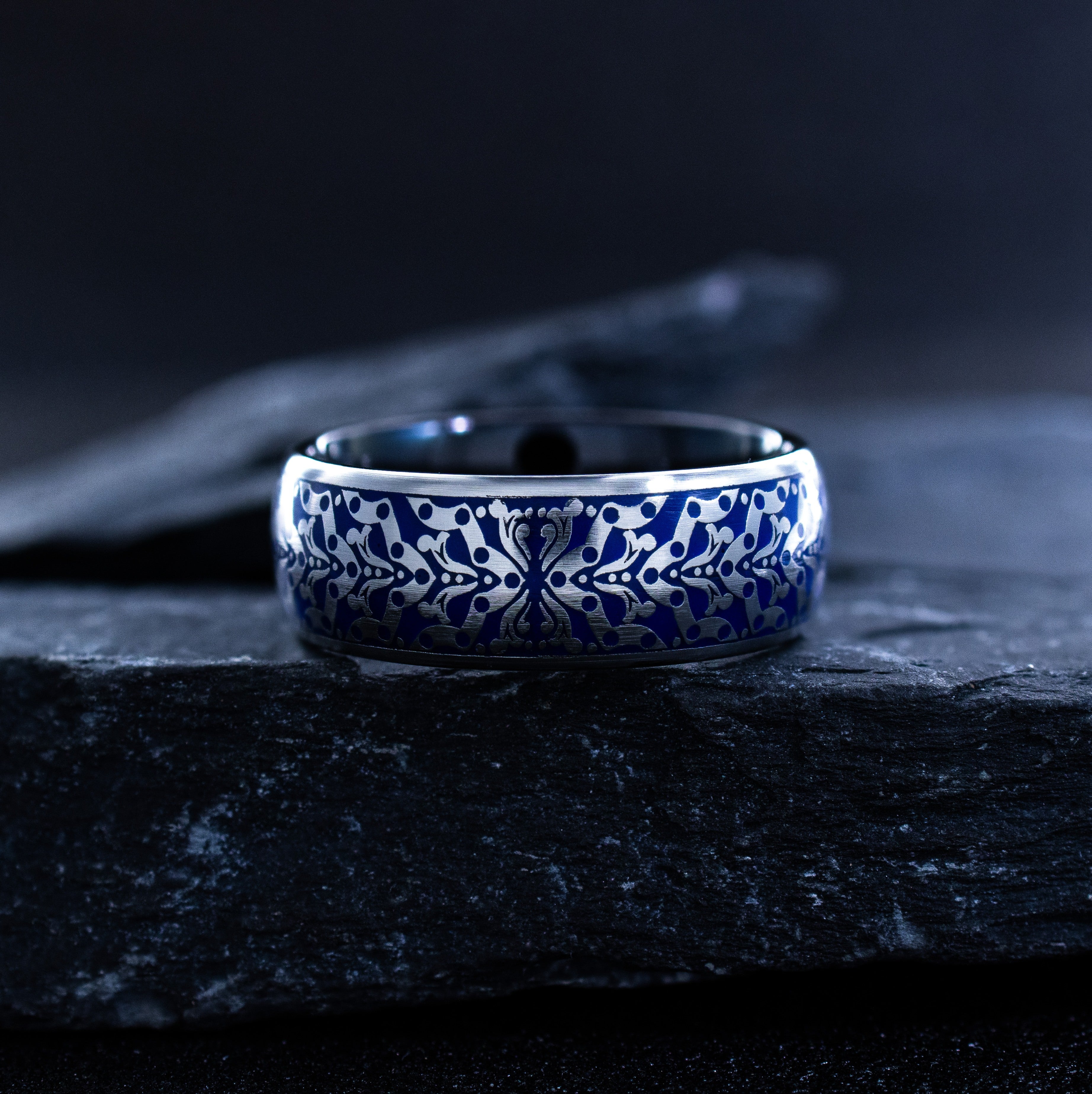 Lion Heads and Gemstone Tungsten Ring with Royal Blue Enamel, 8mm Personalized Tungsten Carbide Band
