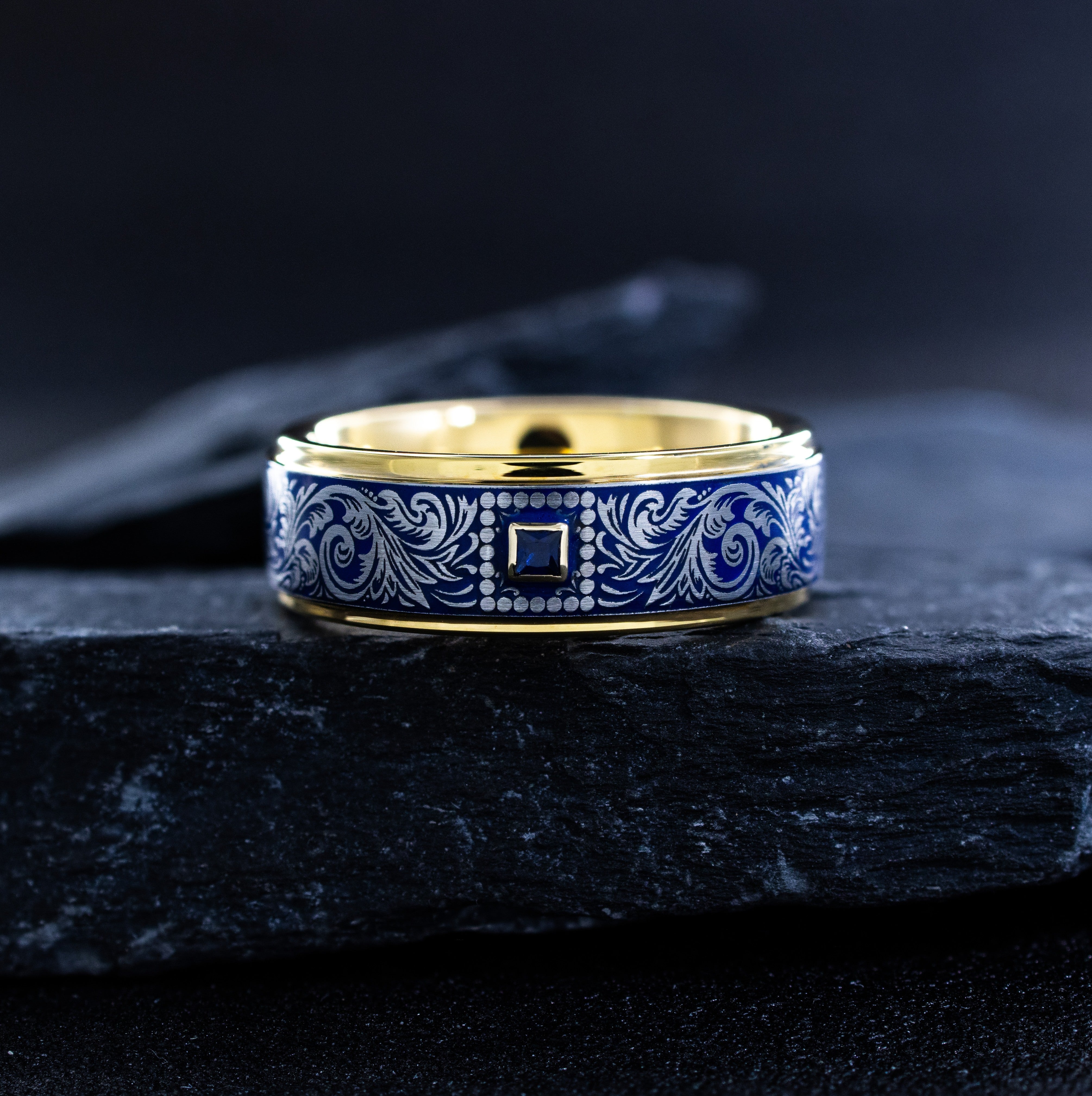 Royal Blue Enamel Victorian Floral Ring with a Fleur de Lis, 8mm Yellow Gold Plated Band with Gemstone
