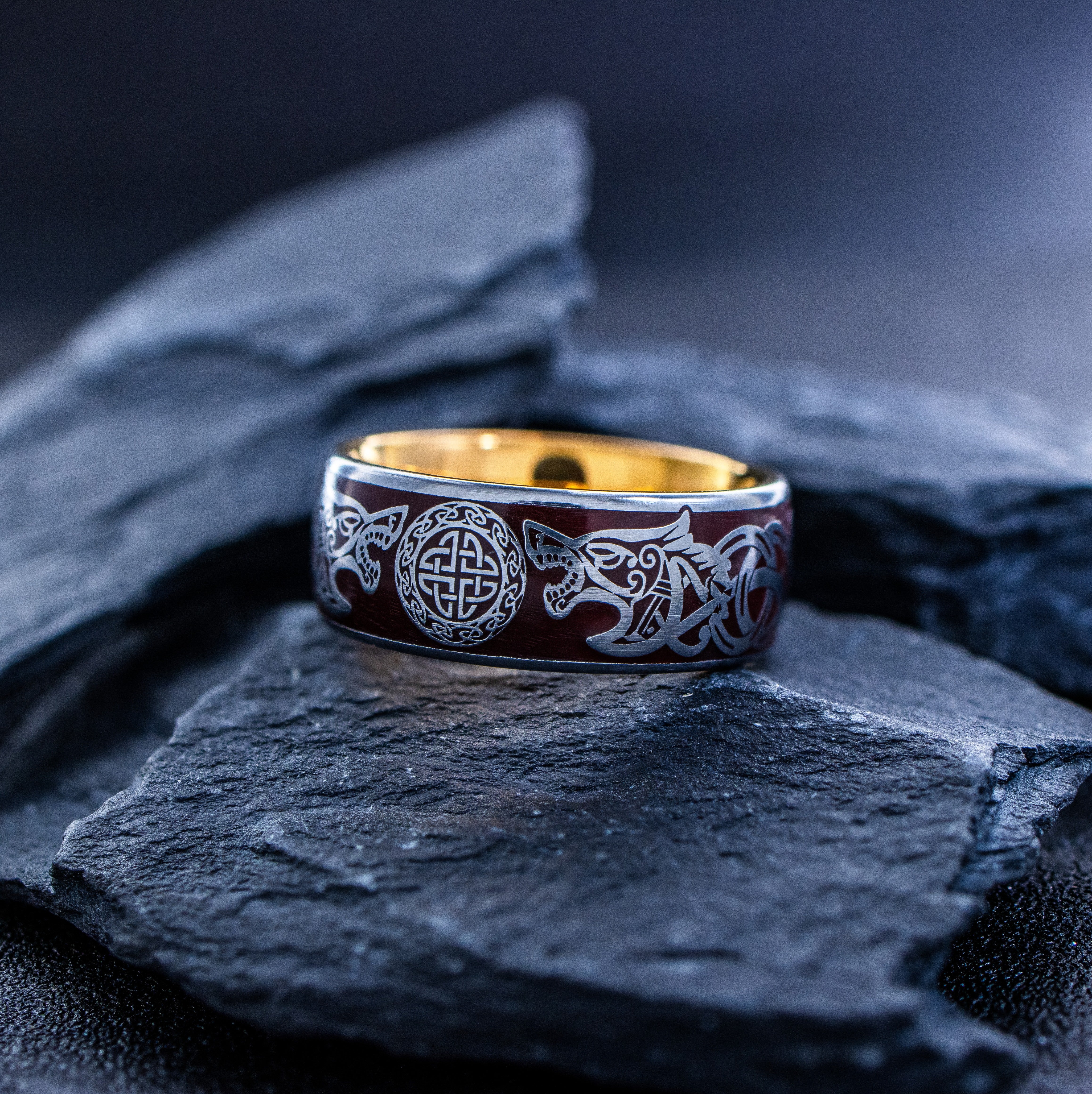 Norse Viking Wolf Head and Runes Ring, 9mm Rose Gold Plated Tungsten Band with Enamel