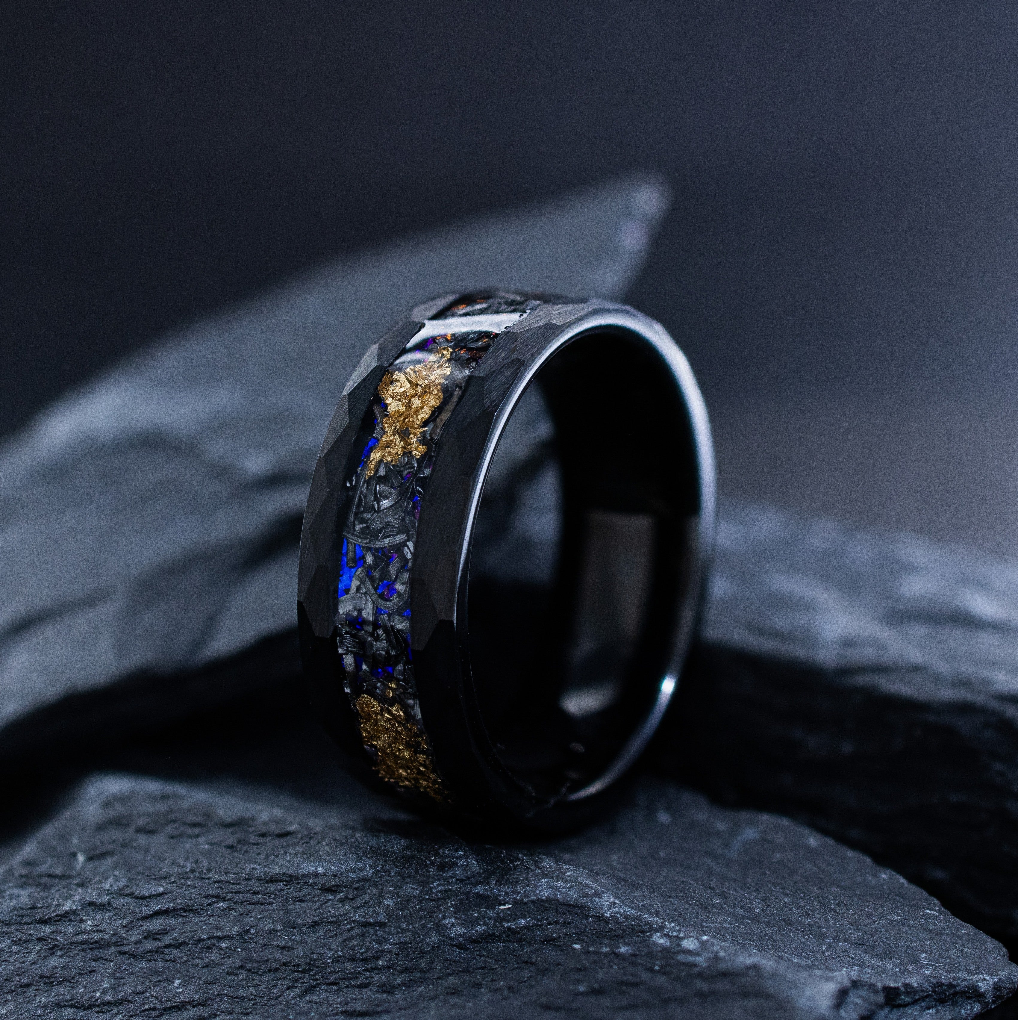 8mm Black Hammered Tungsten Ring with Sandstone, Meteorite, and Gold Leaf