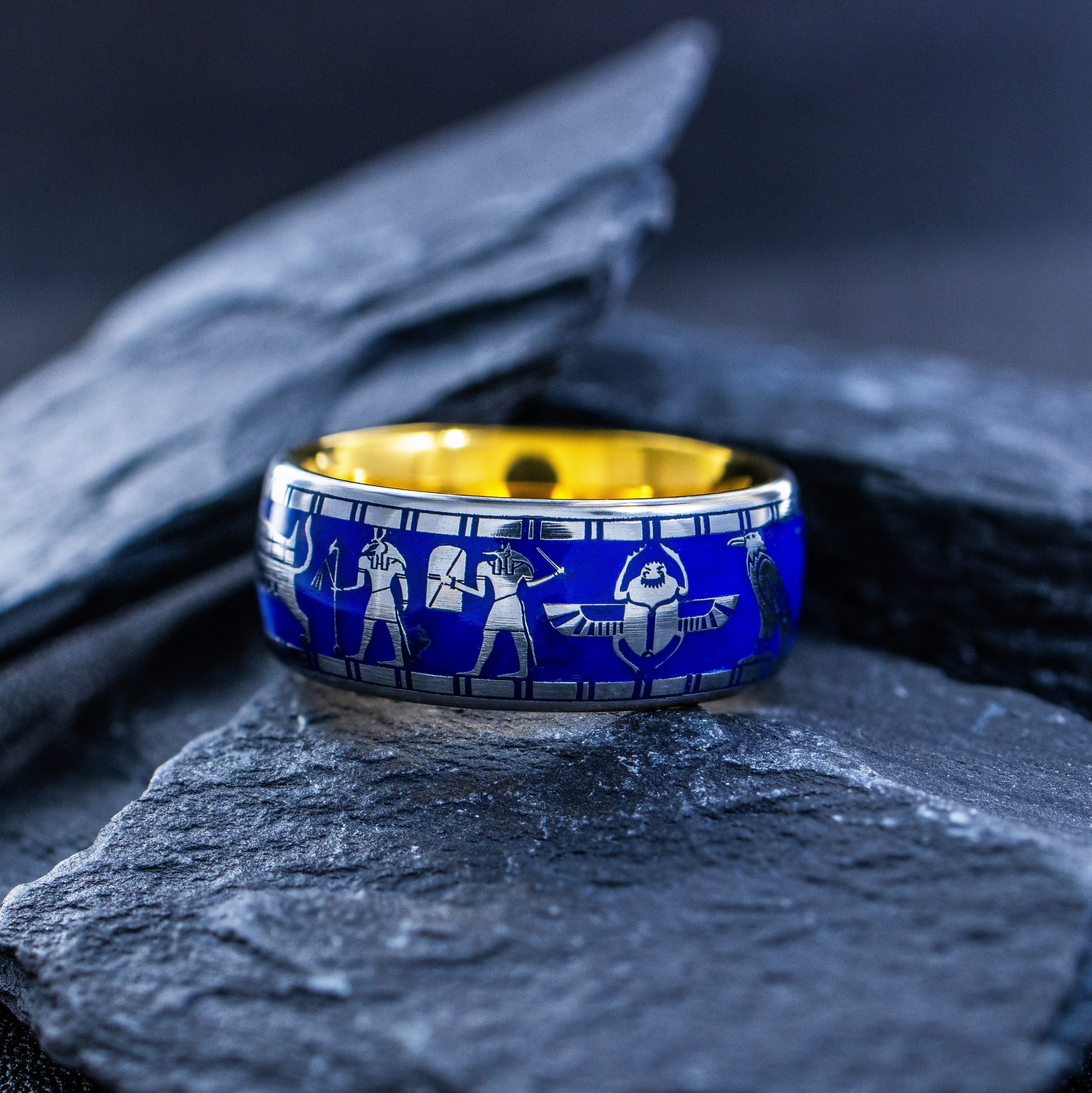 Ancient Egyptian Ring with Blue Enamel, 9mm Gold Plated Tungsten Carbide Band