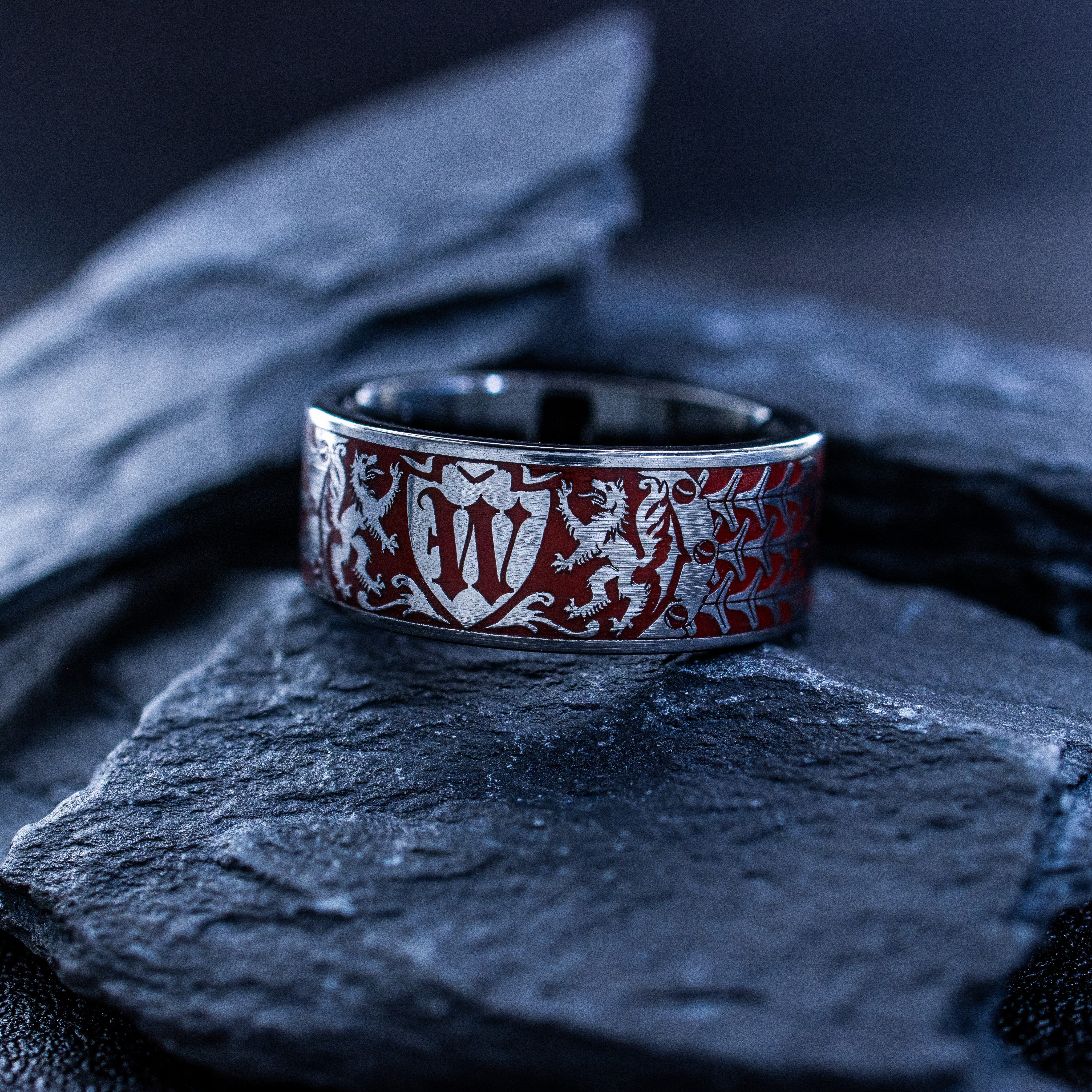 Red Enamel Medieval Wolf and Monogram Ring, 9mm Black Tungsten Carbide Band