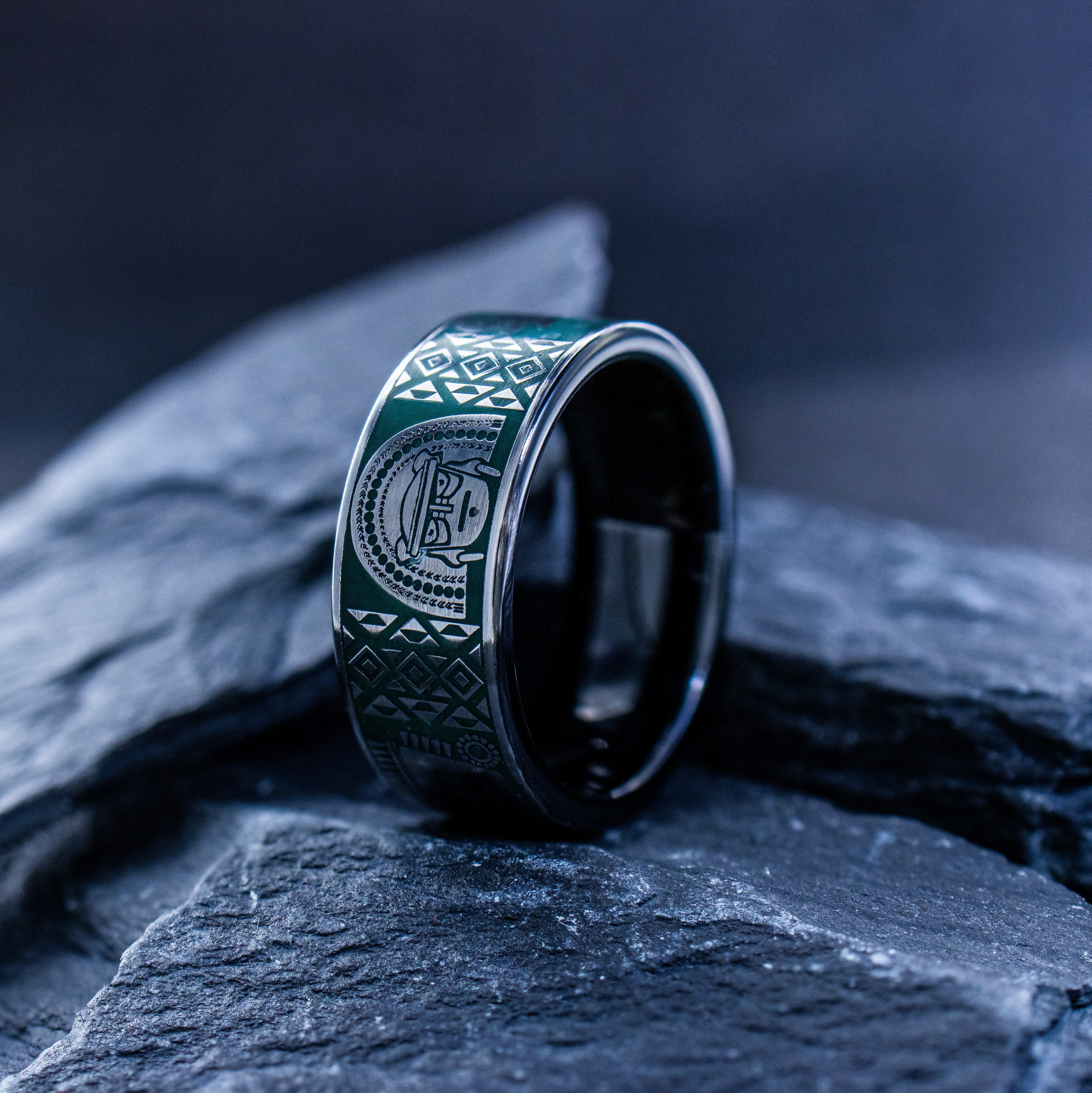 Dark Green Enamel Colombian Ring, 9mm Black Tungsten Carbide Ring