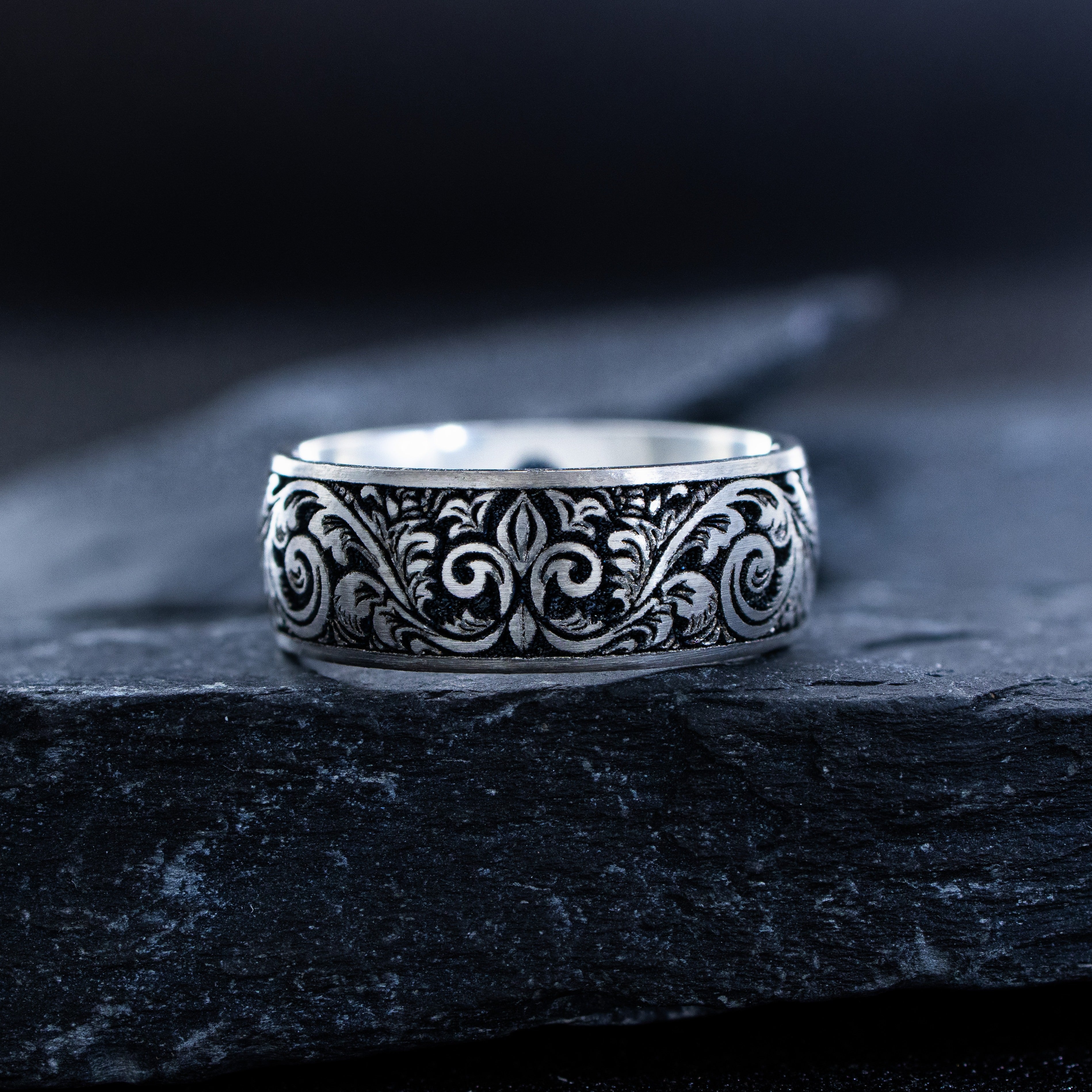 8mm Silver Titanium Band with Deep Engraved Fleur de Lis and Victorian Floral Pattern