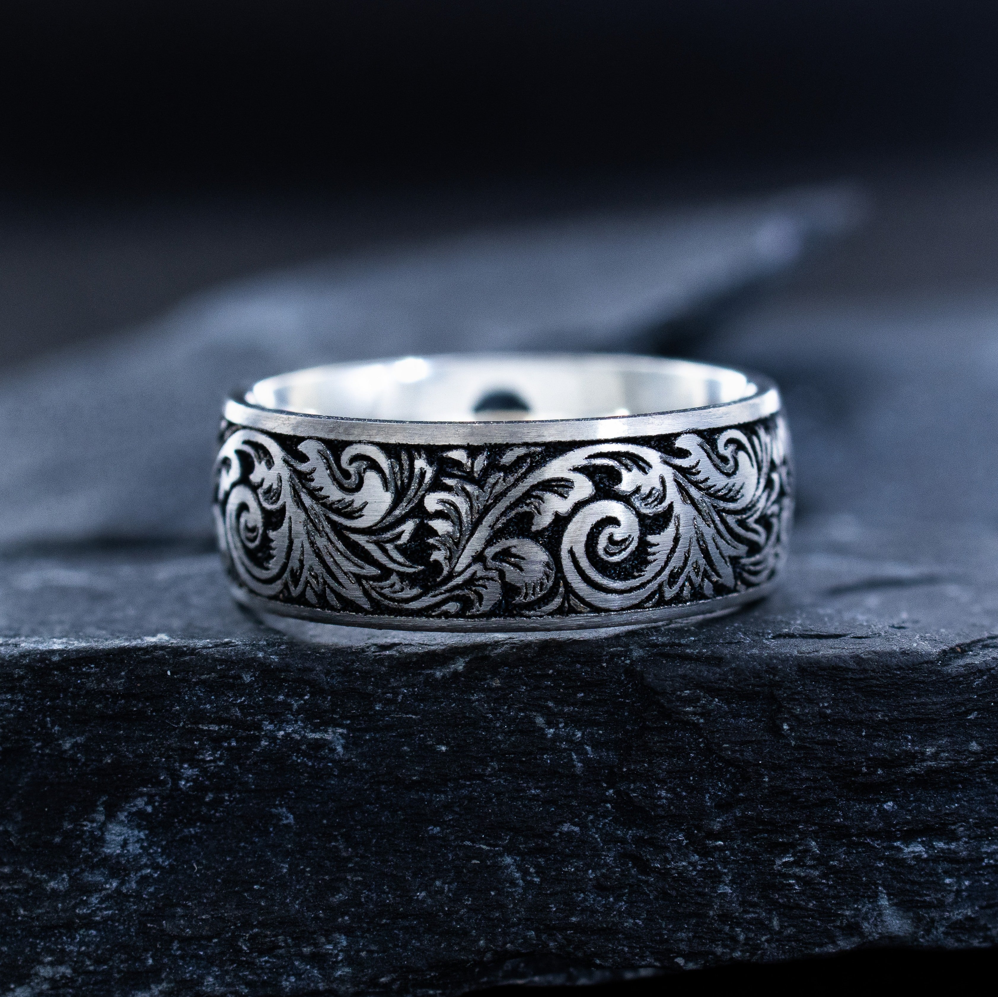8mm Silver Titanium Band with Deep Engraved Fleur de Lis and Victorian Floral Pattern