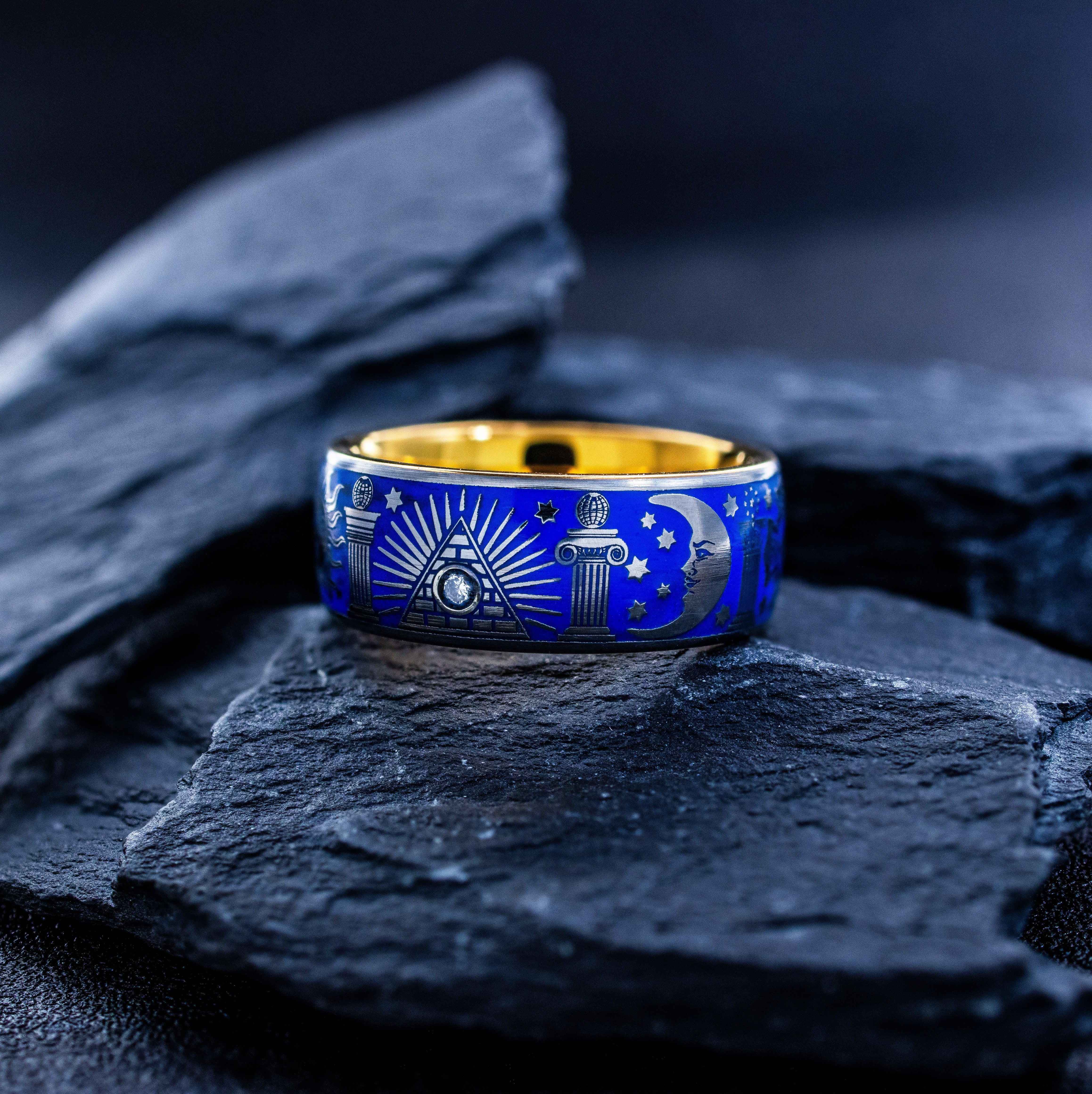 Masonic Theme Gemstone Tungsten Ring with Royal Blue Enamel, 9mm Rose Gold Plated Tungsten Carbide Band