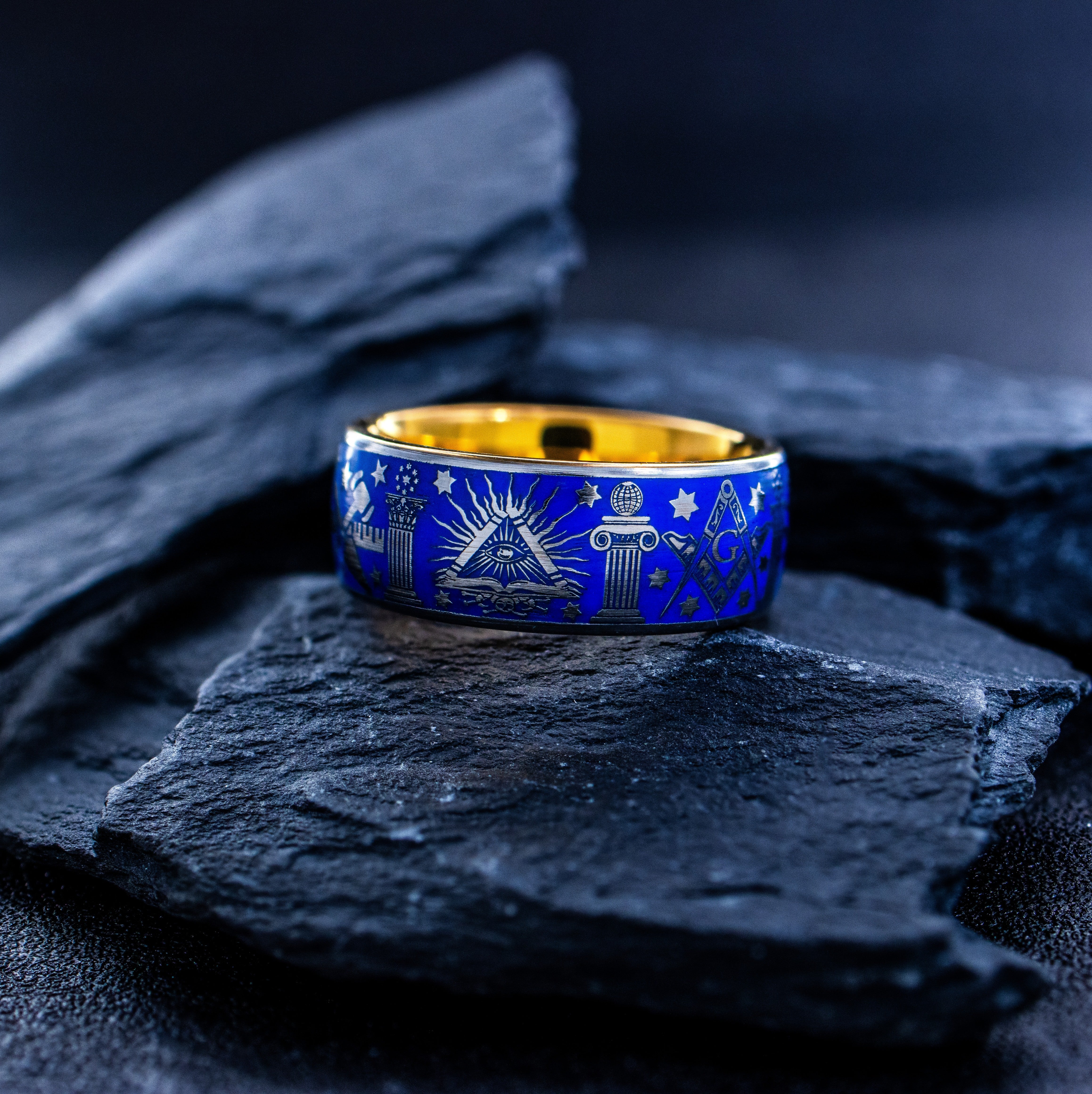 Masonic Theme Gemstone Tungsten Ring with Royal Blue Enamel, 9mm Rose Gold Plated Tungsten Carbide Band
