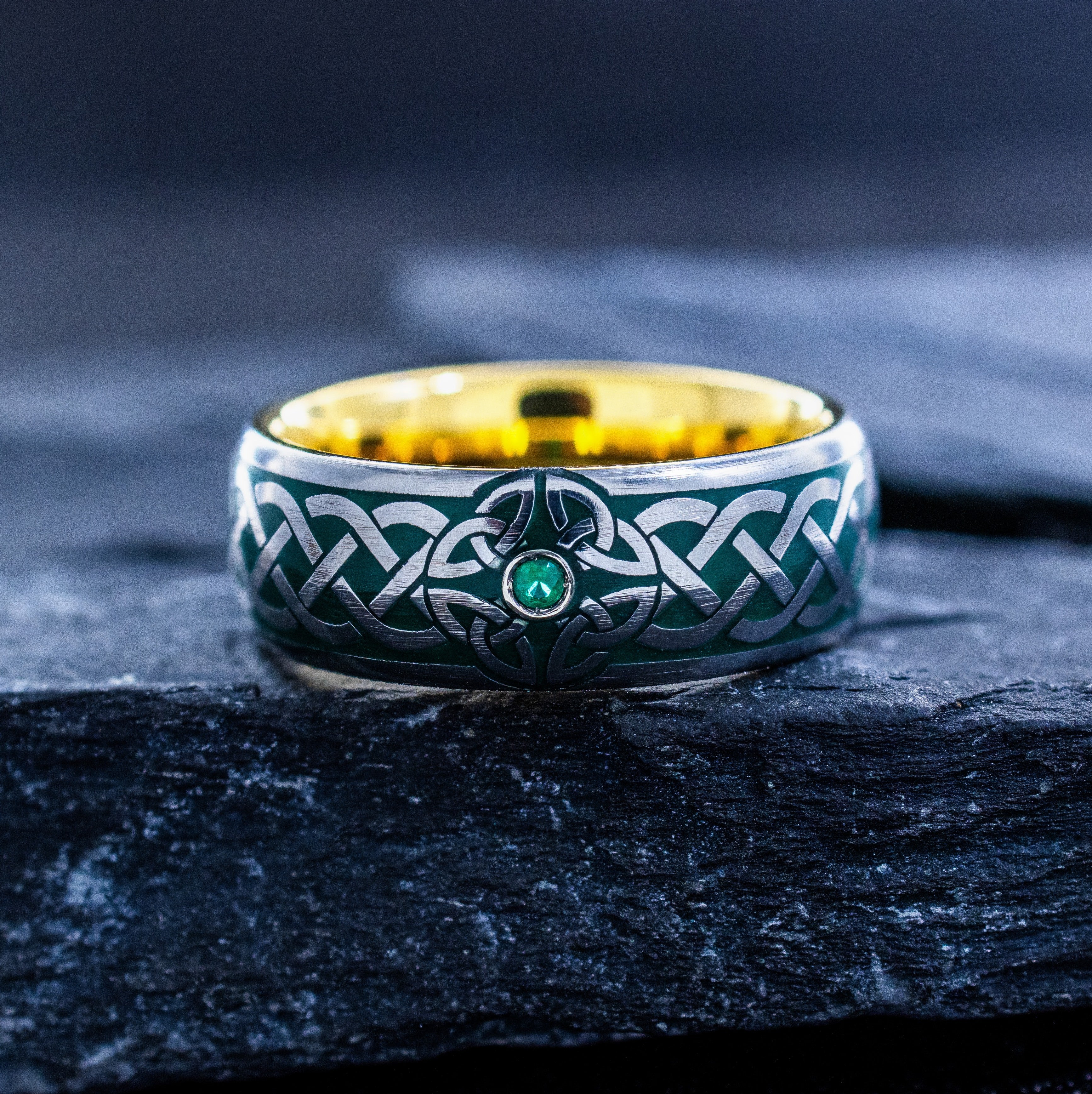 Celtic Knot and Gemstone Tungsten Ring with Dark Green Enamel, 8mm Yellow Gold Plated Tungsten Carbide Band