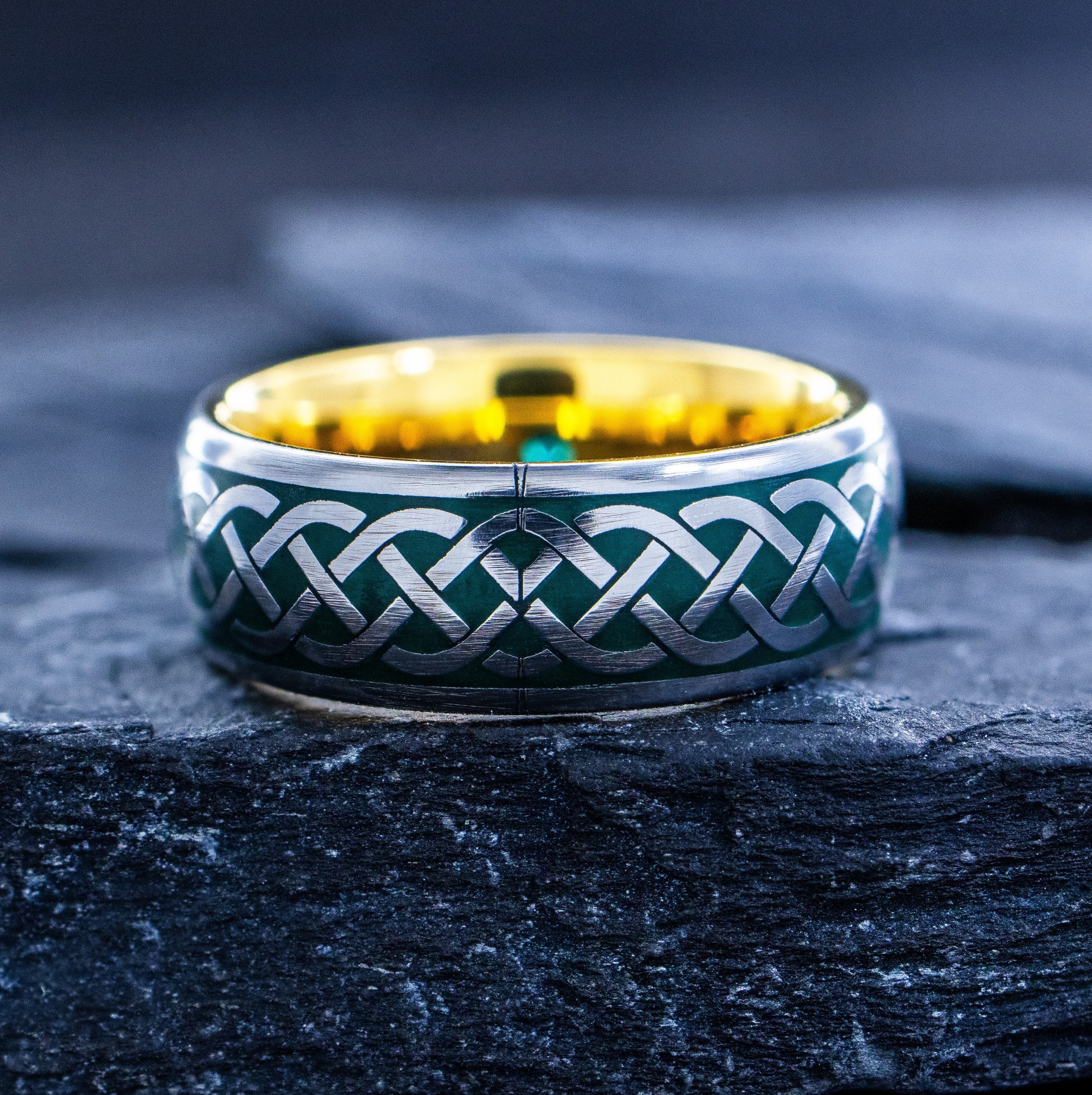 Celtic Knot and Gemstone Tungsten Ring with Dark Green Enamel, 8mm Yellow Gold Plated Tungsten Carbide Band