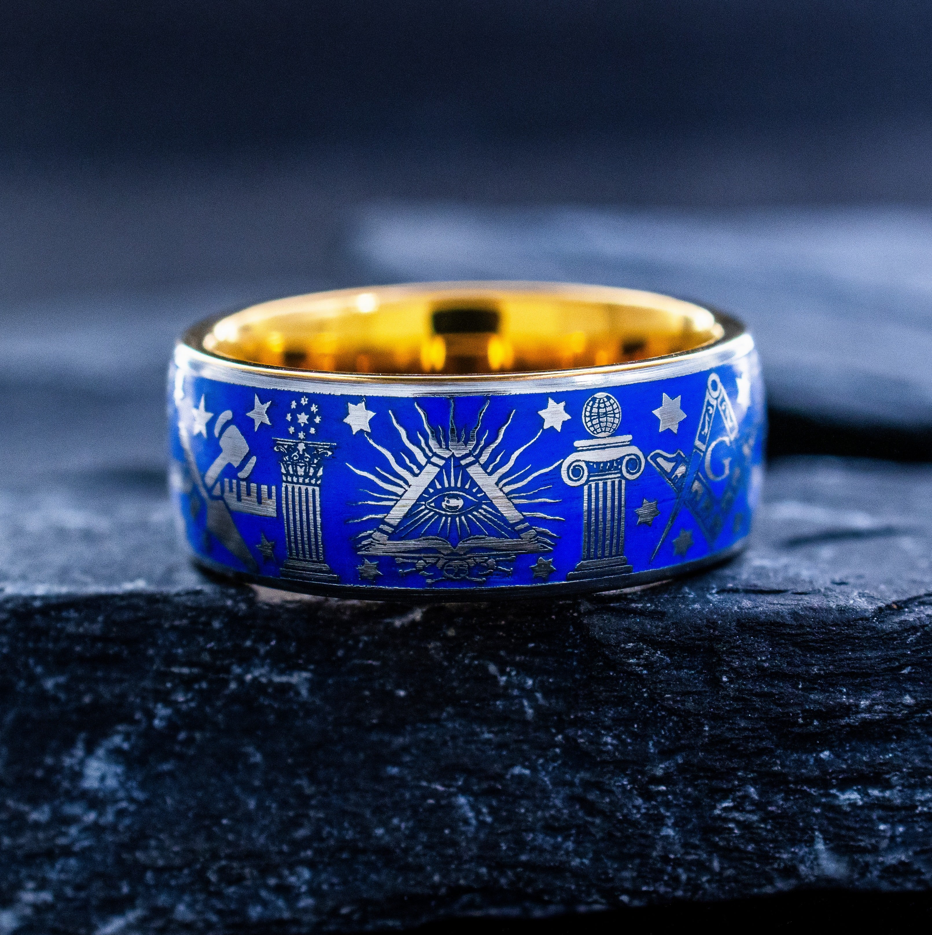 Masonic Theme Gemstone Tungsten Ring with Royal Blue Enamel, 9mm Rose Gold Plated Tungsten Carbide Band