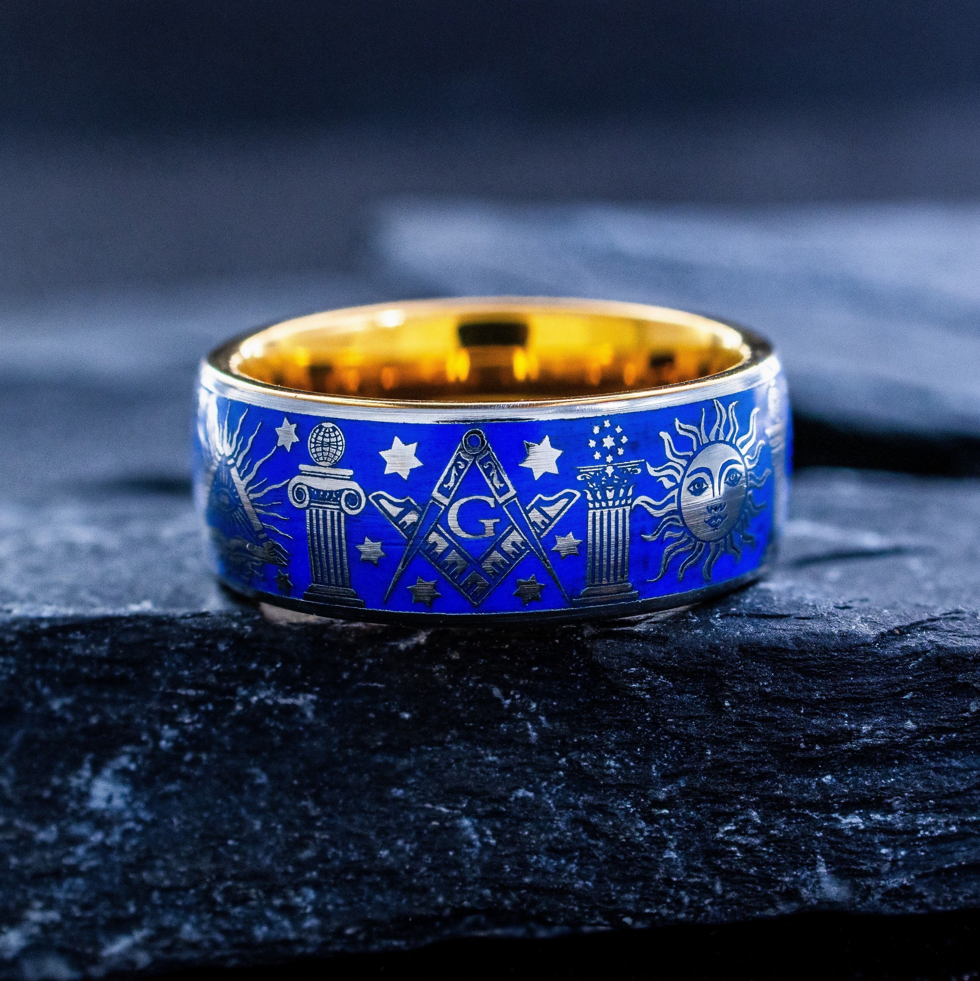 Masonic Theme Gemstone Tungsten Ring with Royal Blue Enamel, 9mm Rose Gold Plated Tungsten Carbide Band