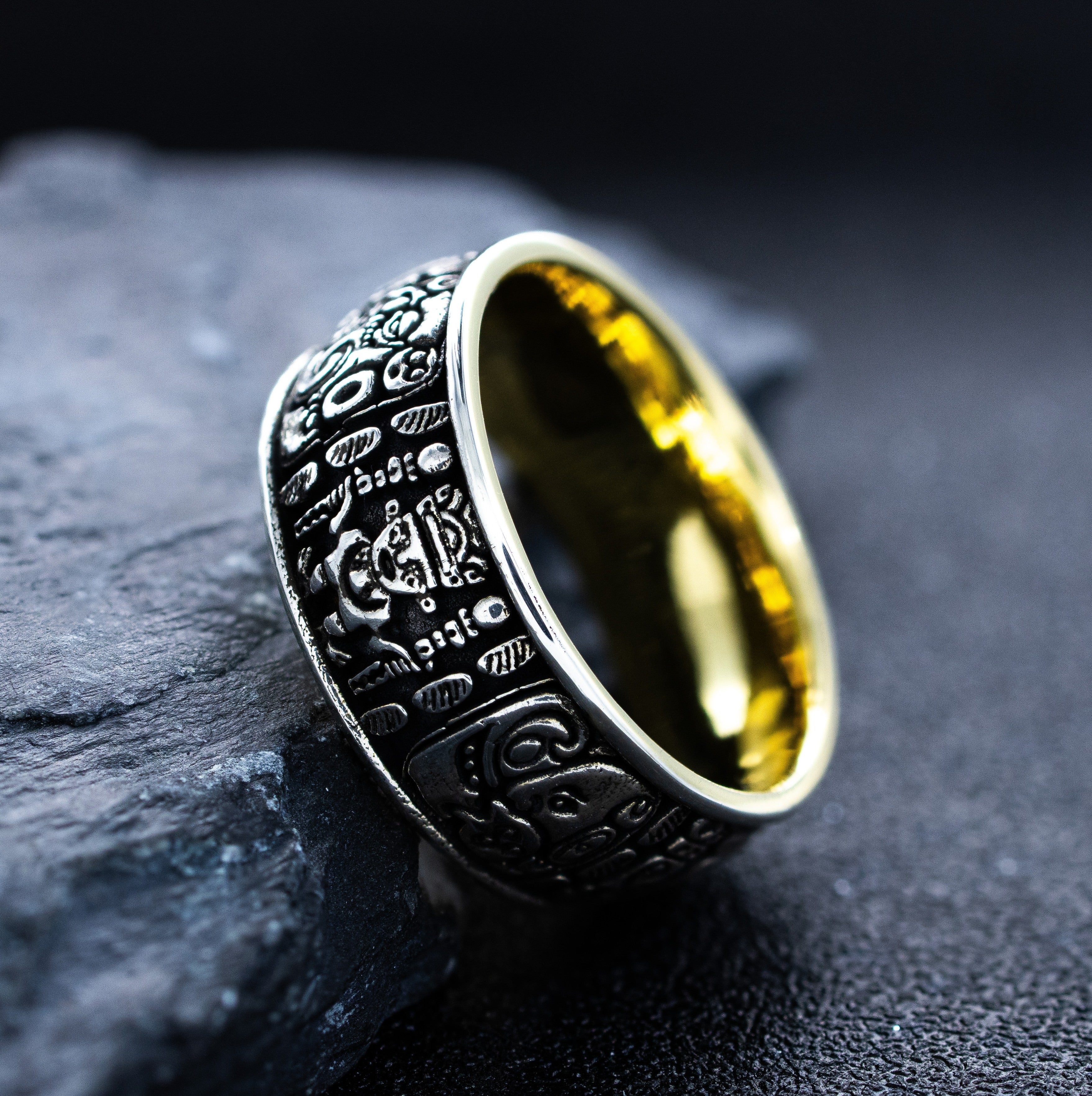 8mm, Custom Made Silver Ring with Yellow Gold Plated Interior and Mayan Inspired Symbols
