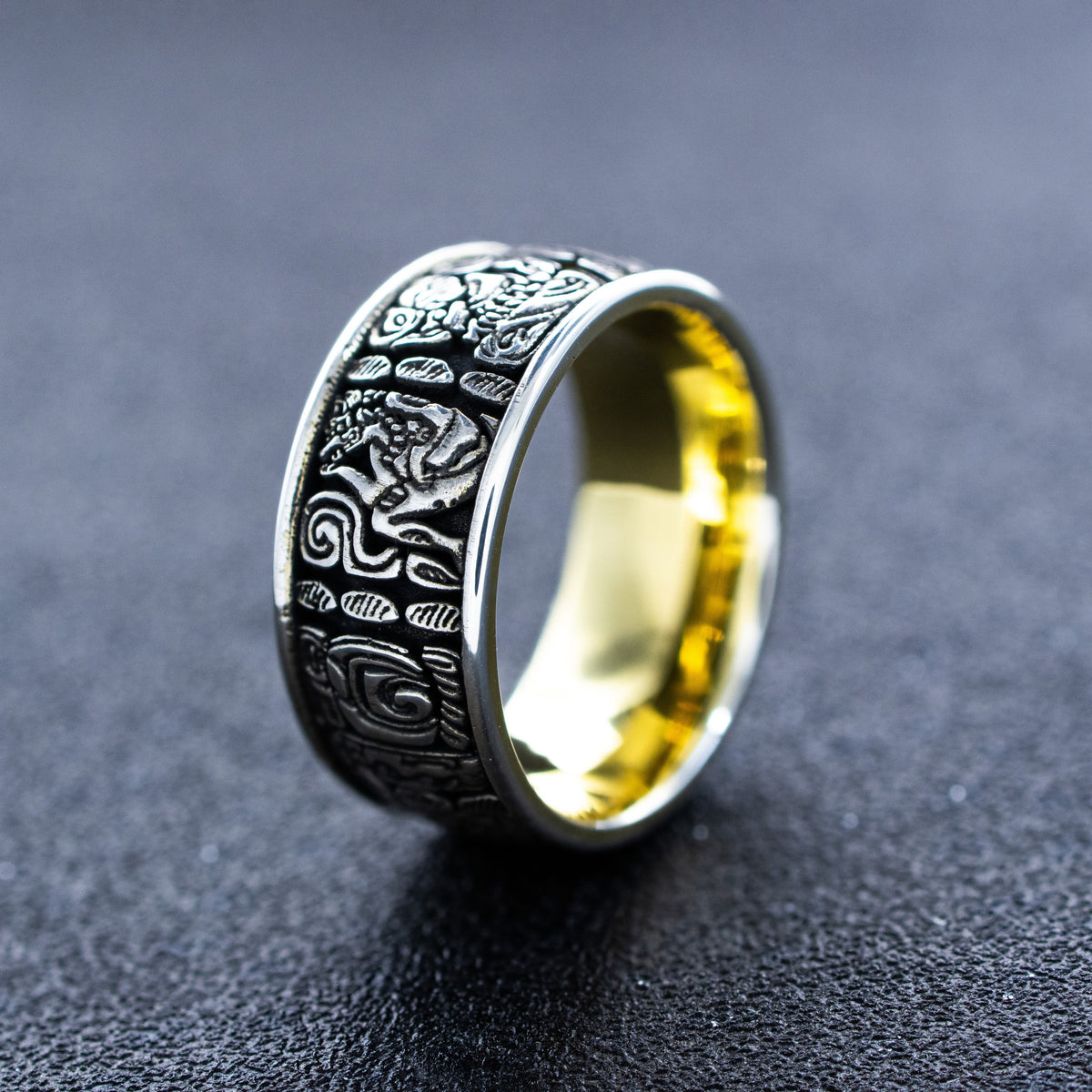 8mm, Custom Made Silver Ring with Yellow Gold Plated Interior and Mayan Inspired Symbols