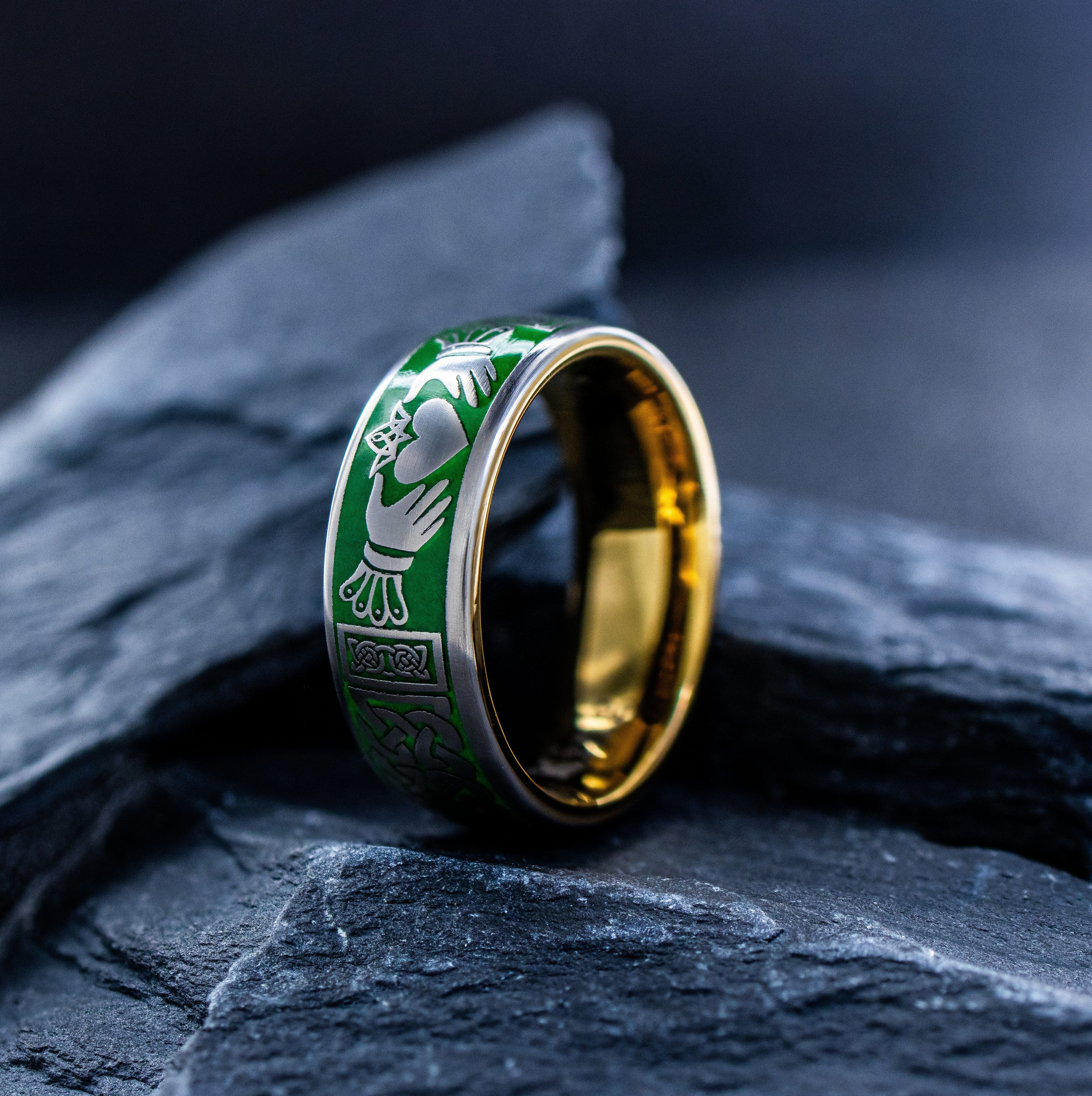 Celtic Knot and Claddagh Tungsten Ring with Green Enamel, 8mm Rose Gold Plated Tungsten Carbide Band