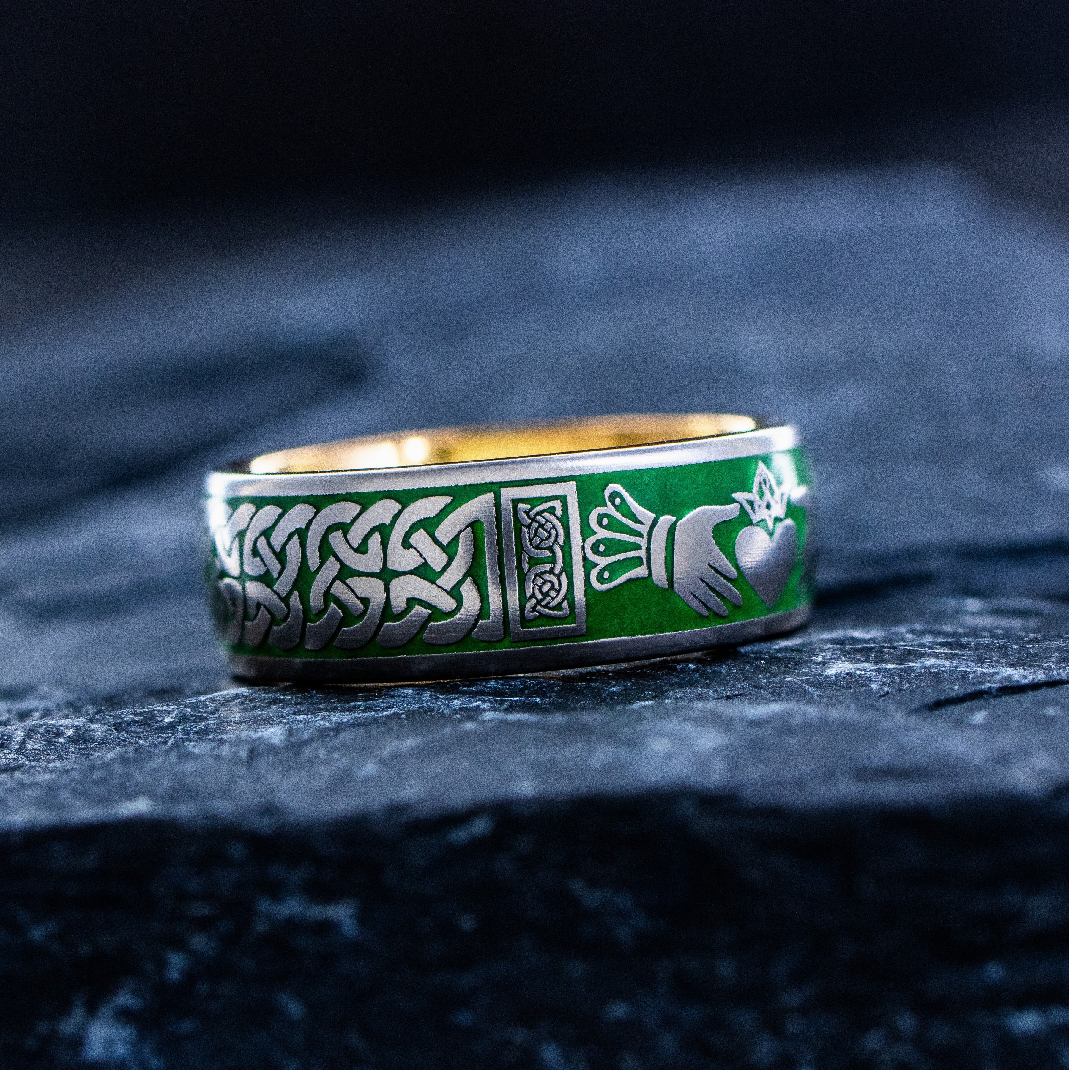 Celtic Knot and Claddagh Tungsten Ring with Green Enamel, 8mm Rose Gold Plated Tungsten Carbide Band