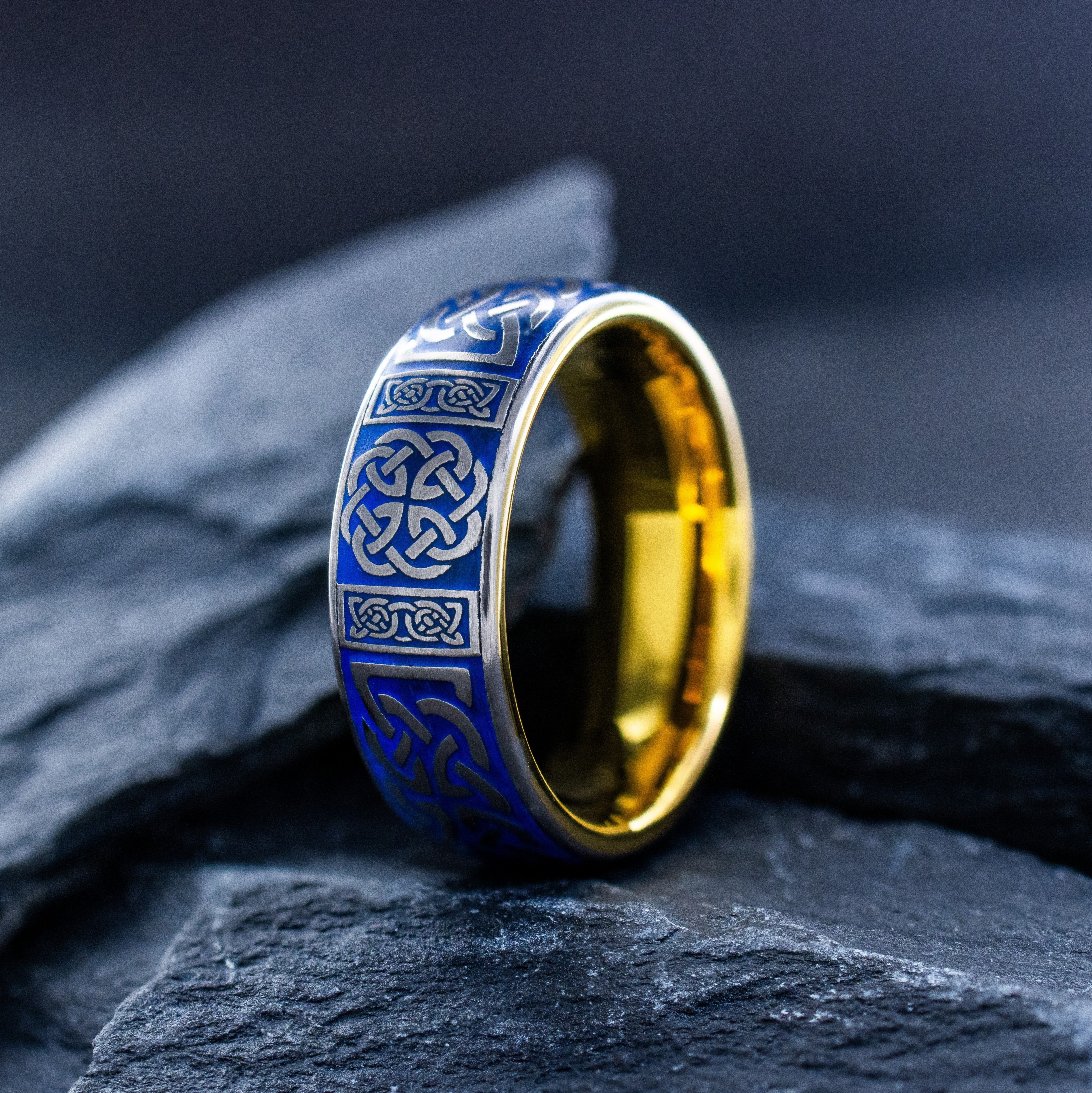 Celtic Knot and Cross Tungsten Ring with Sky Blue Enamel, 8mm Yellow Gold Plated Tungsten Carbide Band