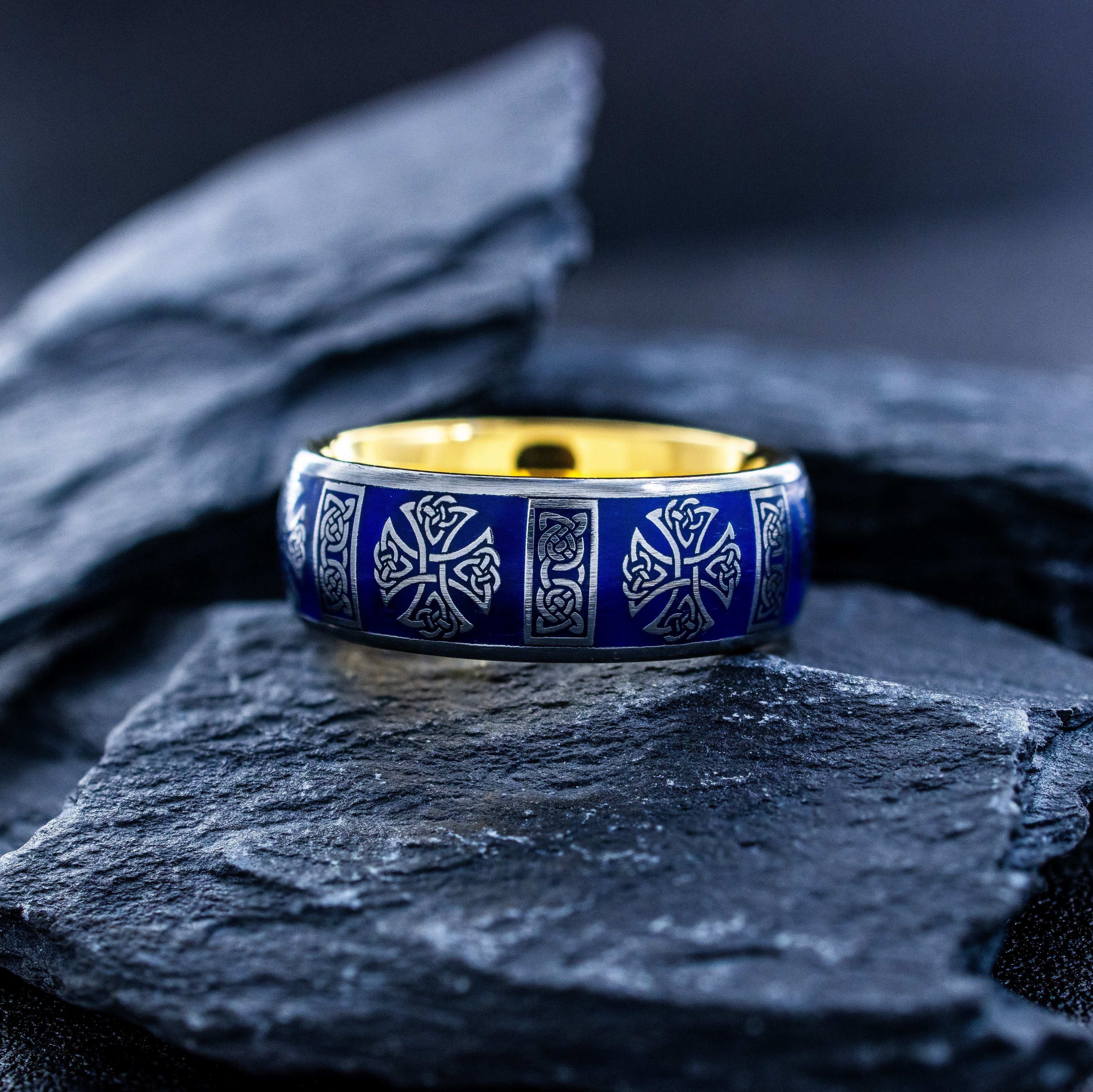 Celtic Cross Tungsten Ring with Royal Blue Enamel, 8mm Yellow Gold Plated Tungsten Carbide Band