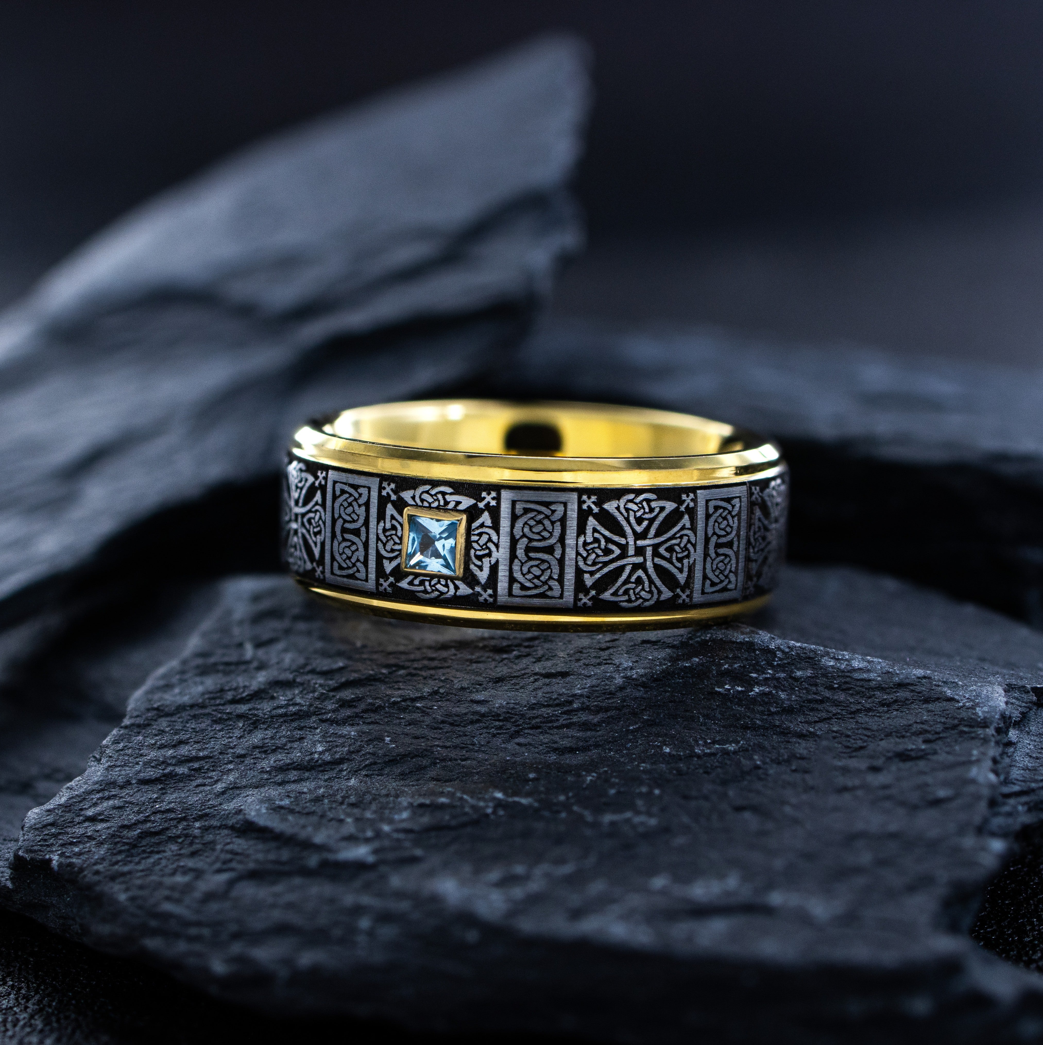 Deep Engraved Tungsten Carbide Ring with Repeating Celtic Crosses and Princess Cut Gemstone