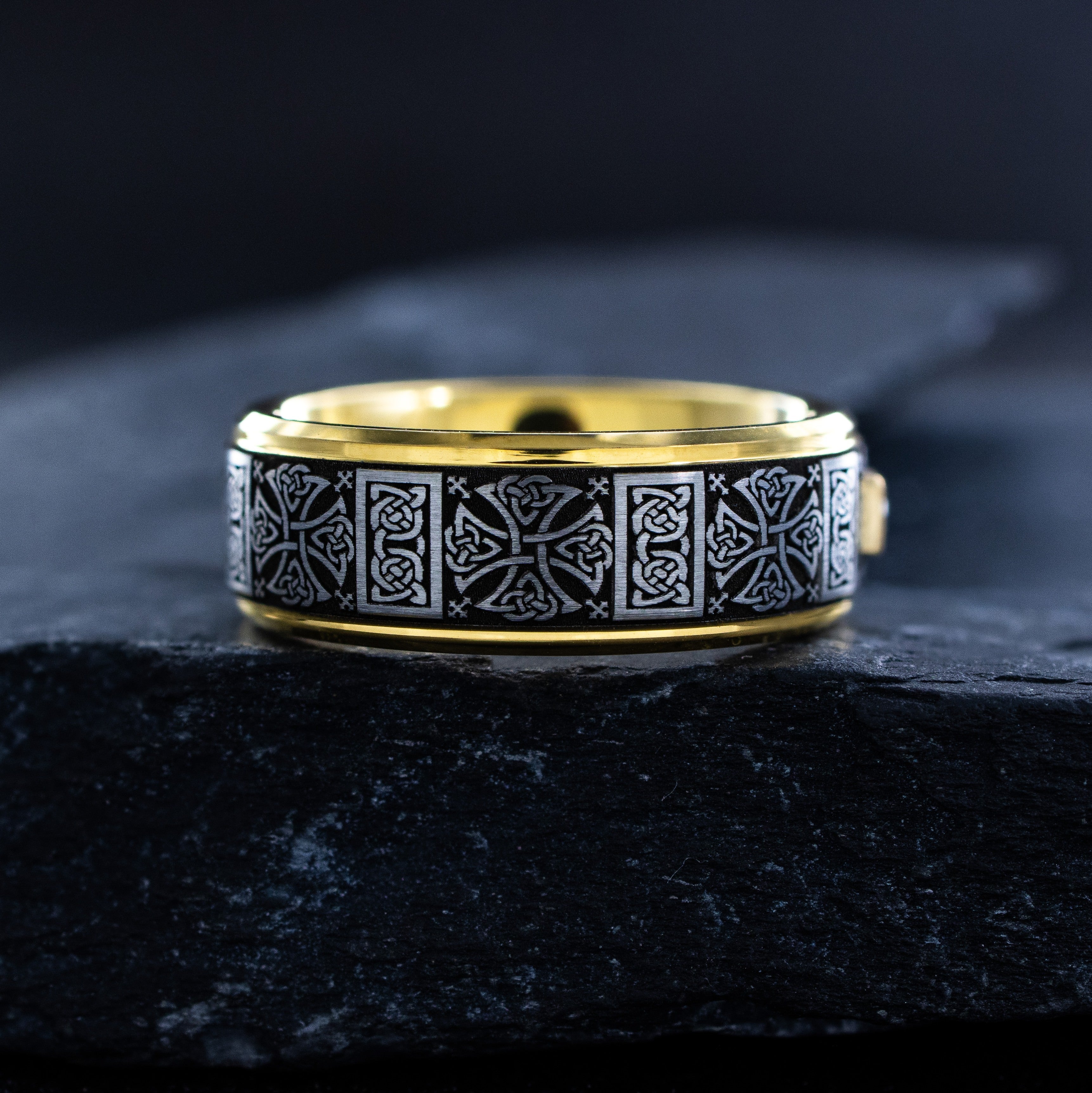 Deep Engraved Tungsten Carbide Ring with Repeating Celtic Crosses and Princess Cut Gemstone