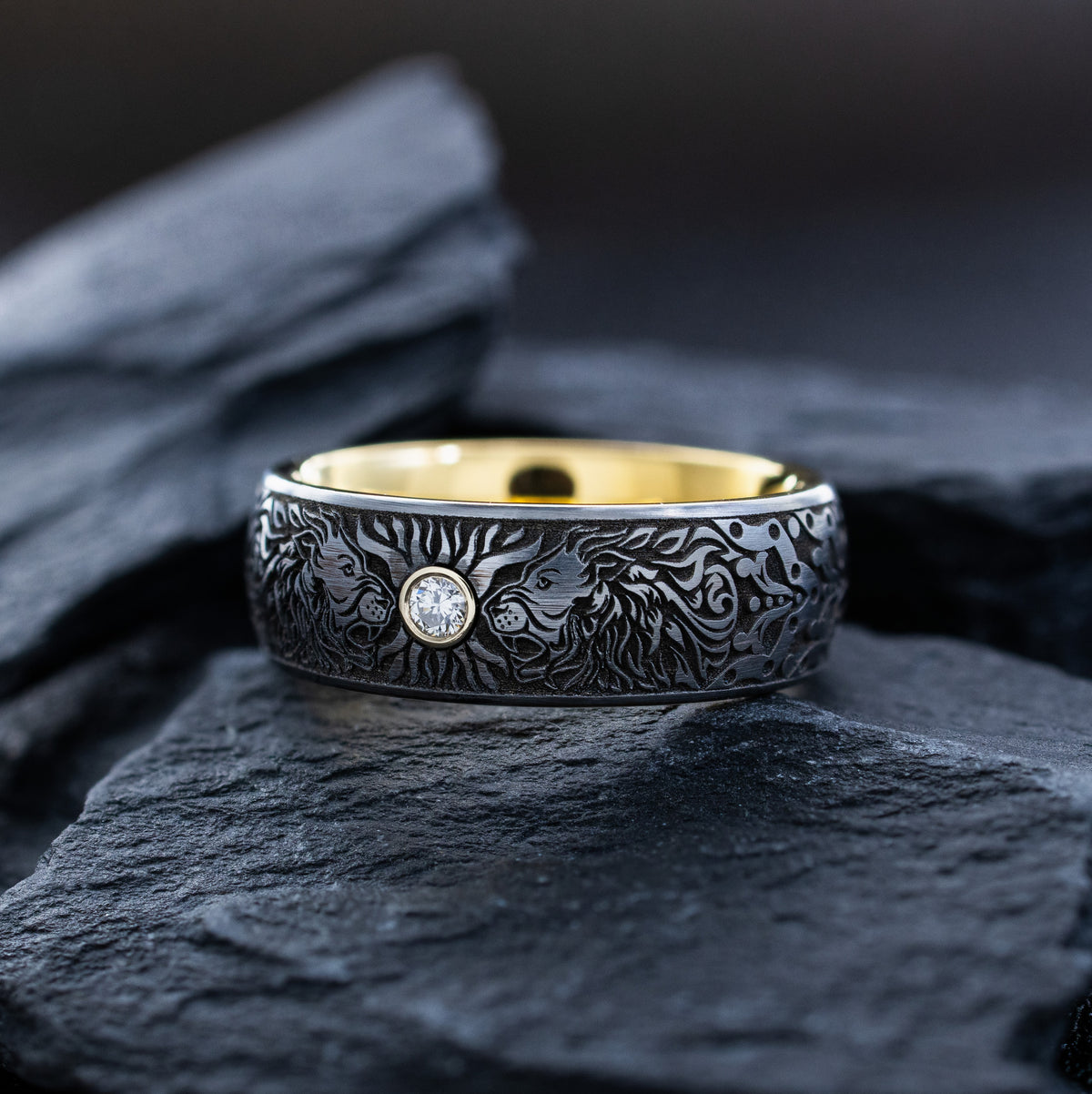 8mm Custom Made Tungsten Ring with Gold Plated Interior, Engraved Lions Heads and Center Diamond