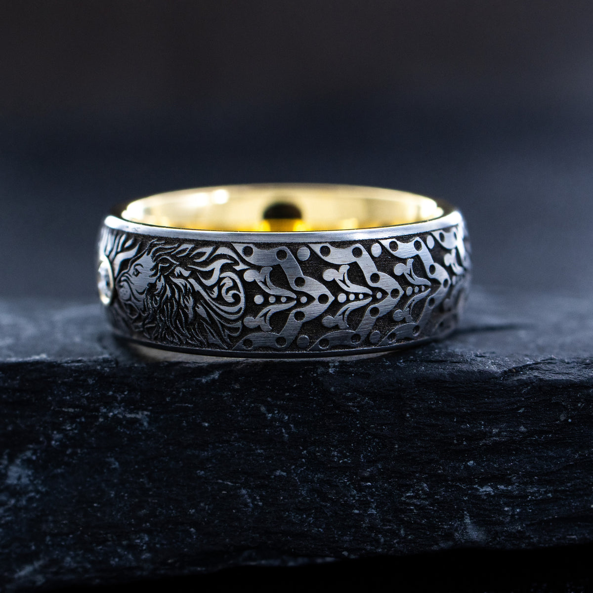 8mm Custom Made Tungsten Ring with Gold Plated Interior, Engraved Lions Heads and Center Diamond
