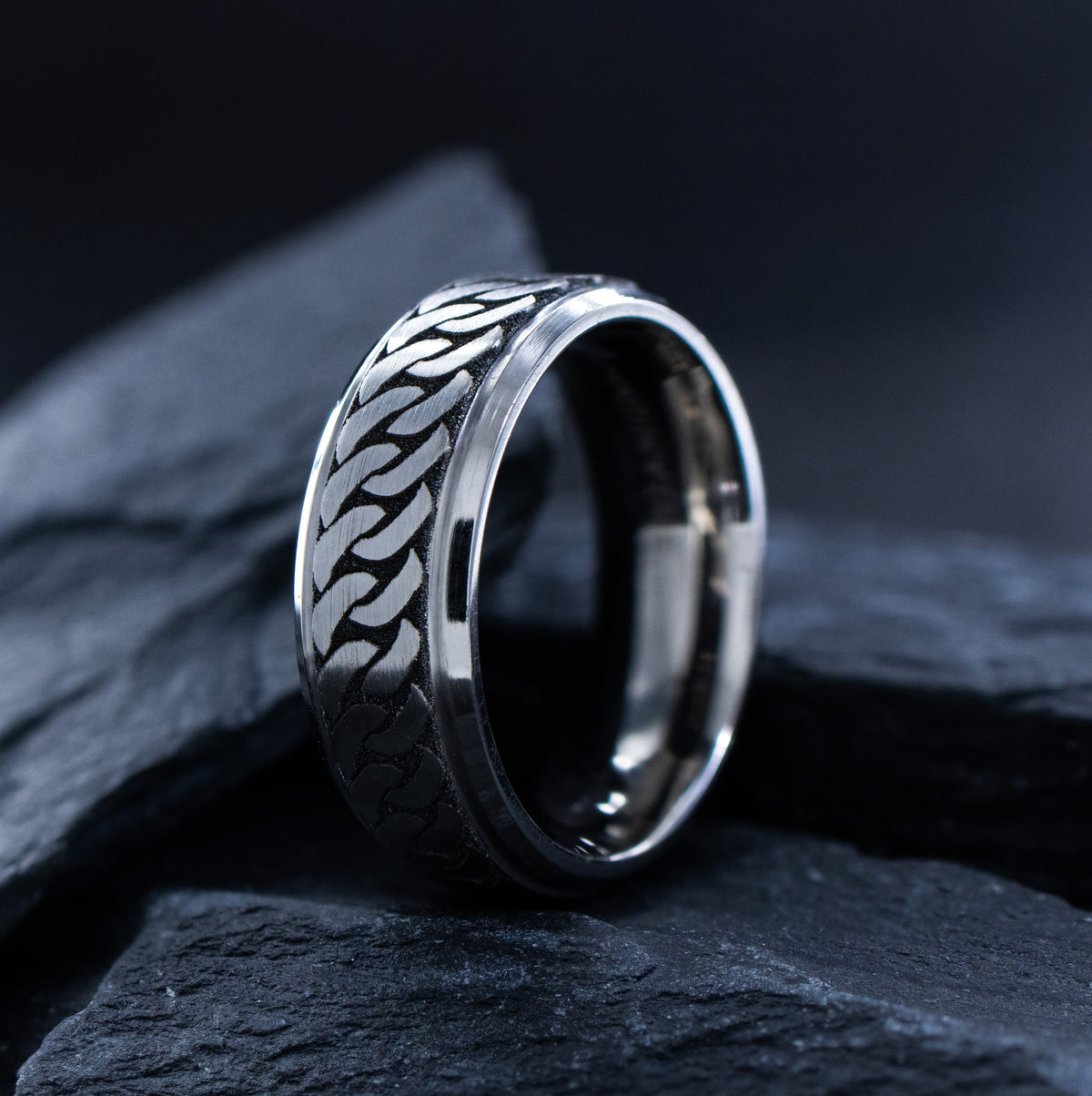 8mm Deep Engraved Titanium Band with Cuban Link Design