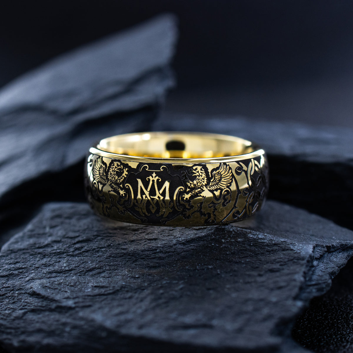 Personalized Monogram Ring with Heraldic Griffins, 9mm Gold Plated Tungsten Carbide Band
