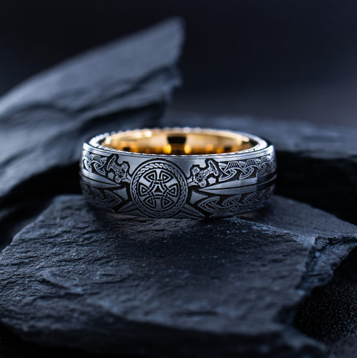 Rose Gold Plated 8mm Tungsten Ring with Braided Edges, Nordic Shield and Swords