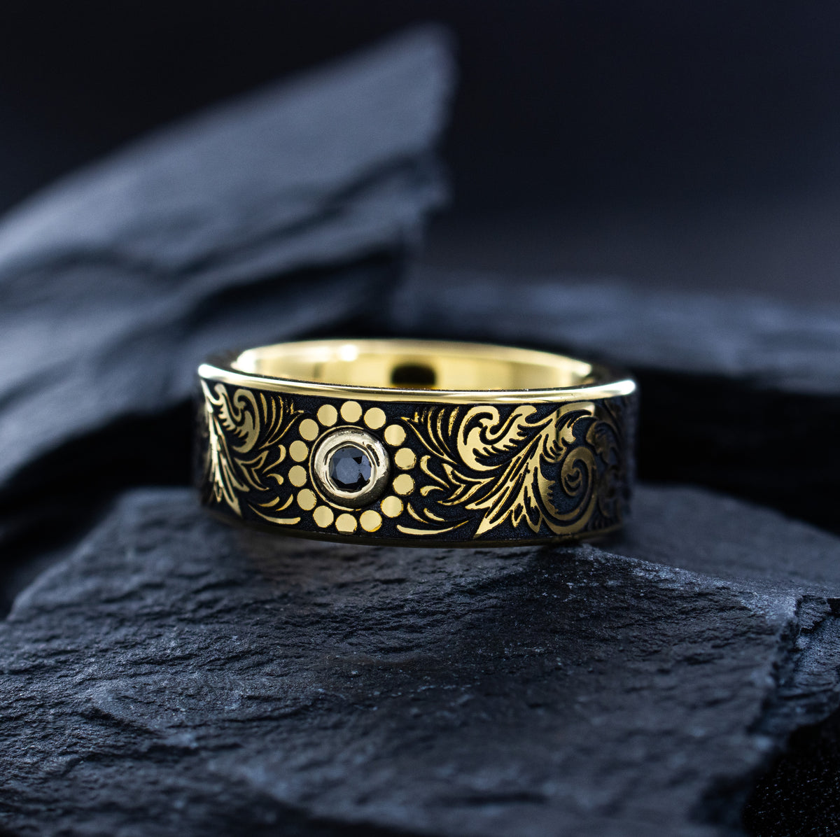 8mm Yellow Gold Plated Tungsten with Victorian Inspired Engravings and Round Cut Birthstone