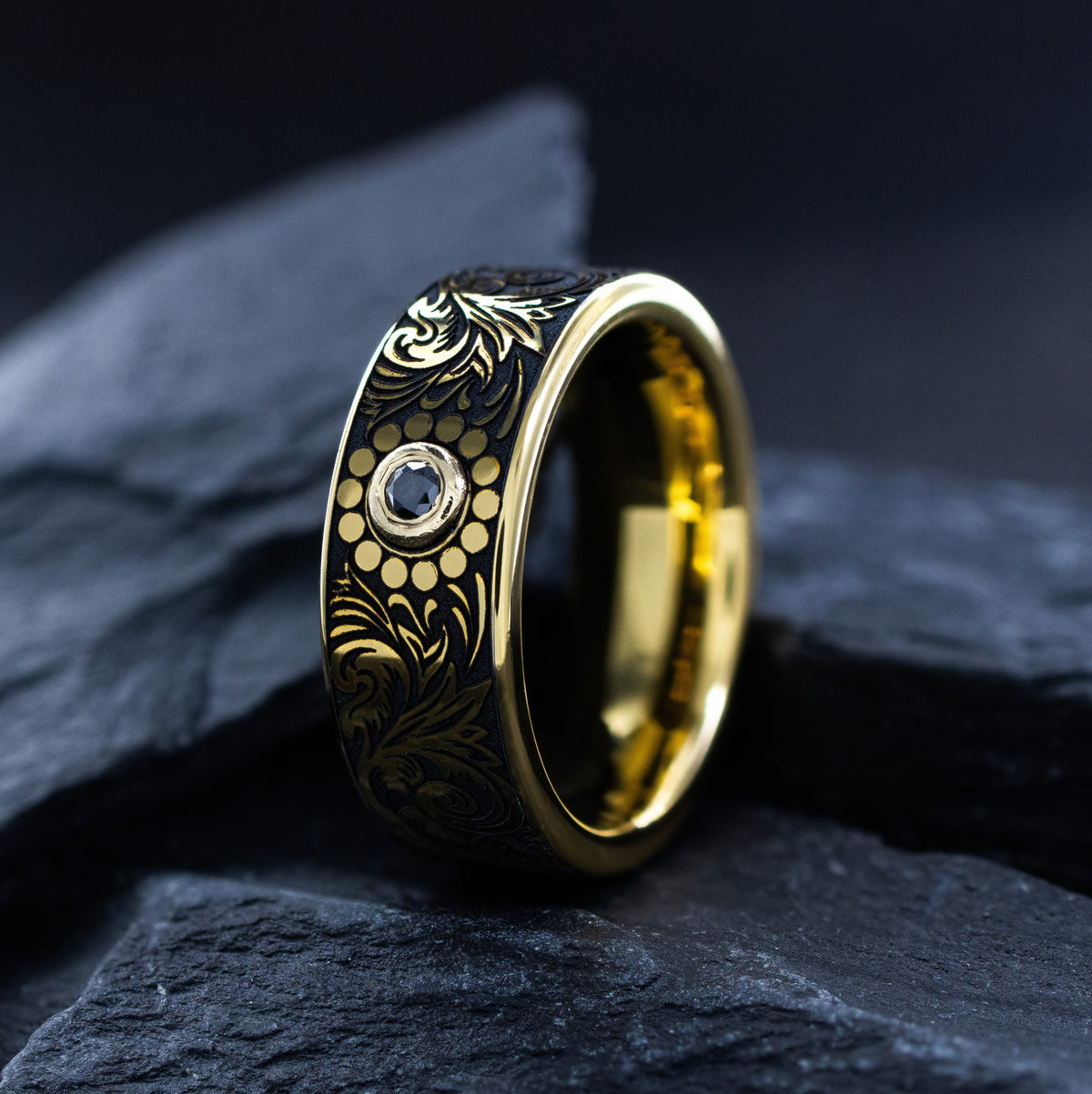 8mm Yellow Gold Plated Tungsten with Victorian Inspired Engravings and Round Cut Birthstone