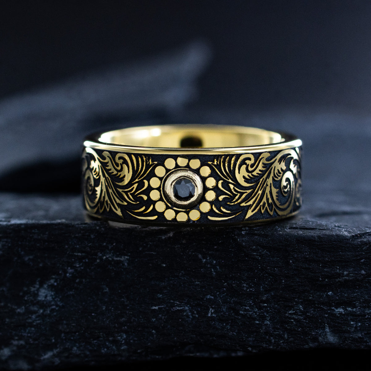 8mm Yellow Gold Plated Tungsten with Victorian Inspired Engravings and Round Cut Birthstone