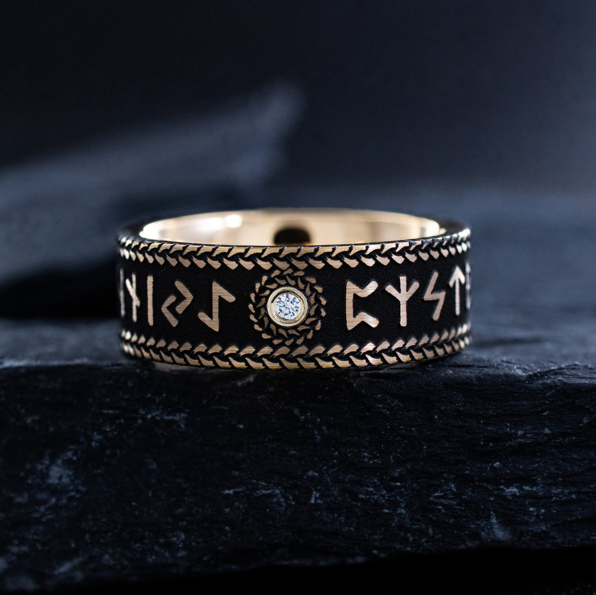 Norse Viking Rune and Gemstone Ring, 8mm Rose Gold Plated Band