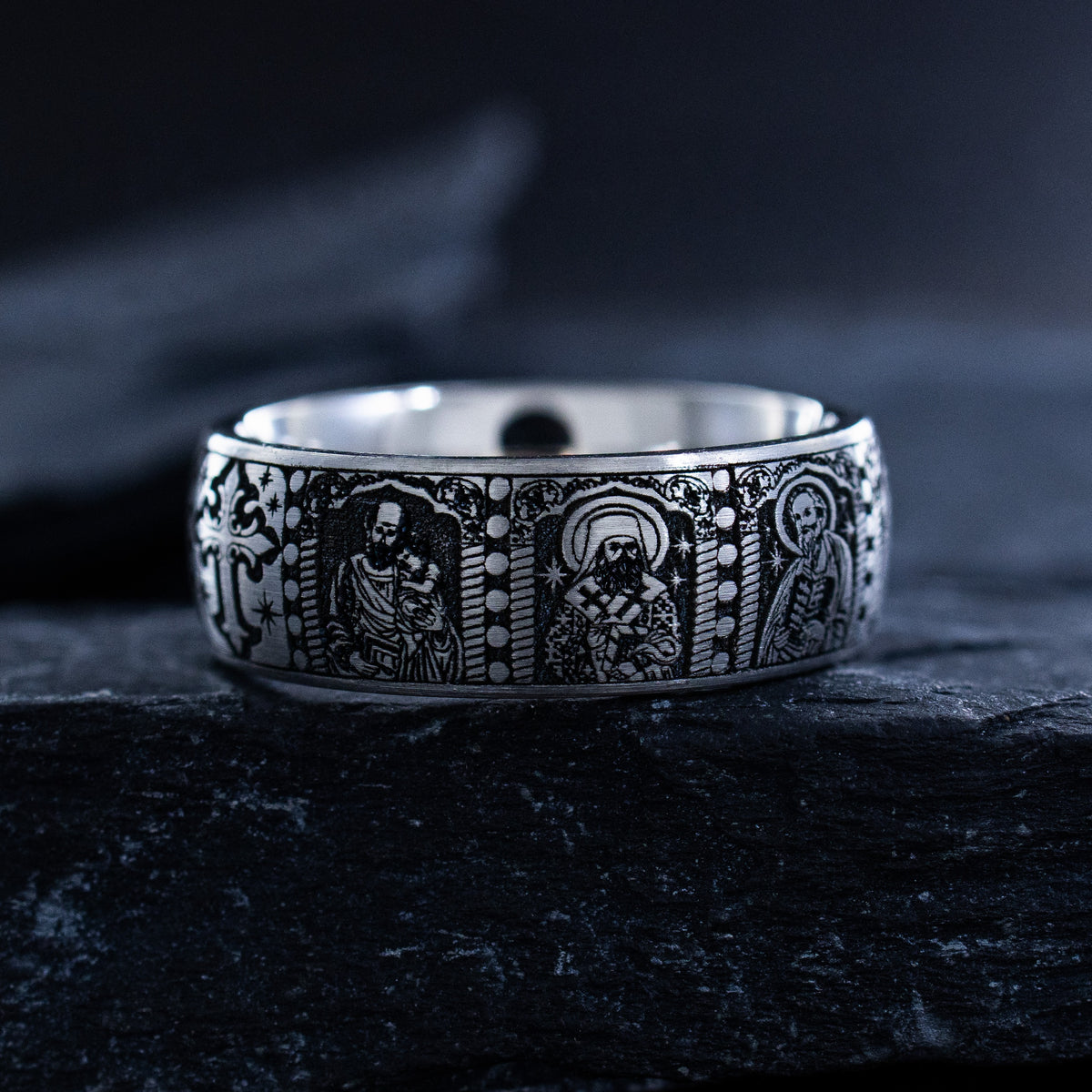 8mm Deep Engraved Titanium Band with Cross and Christian Saints