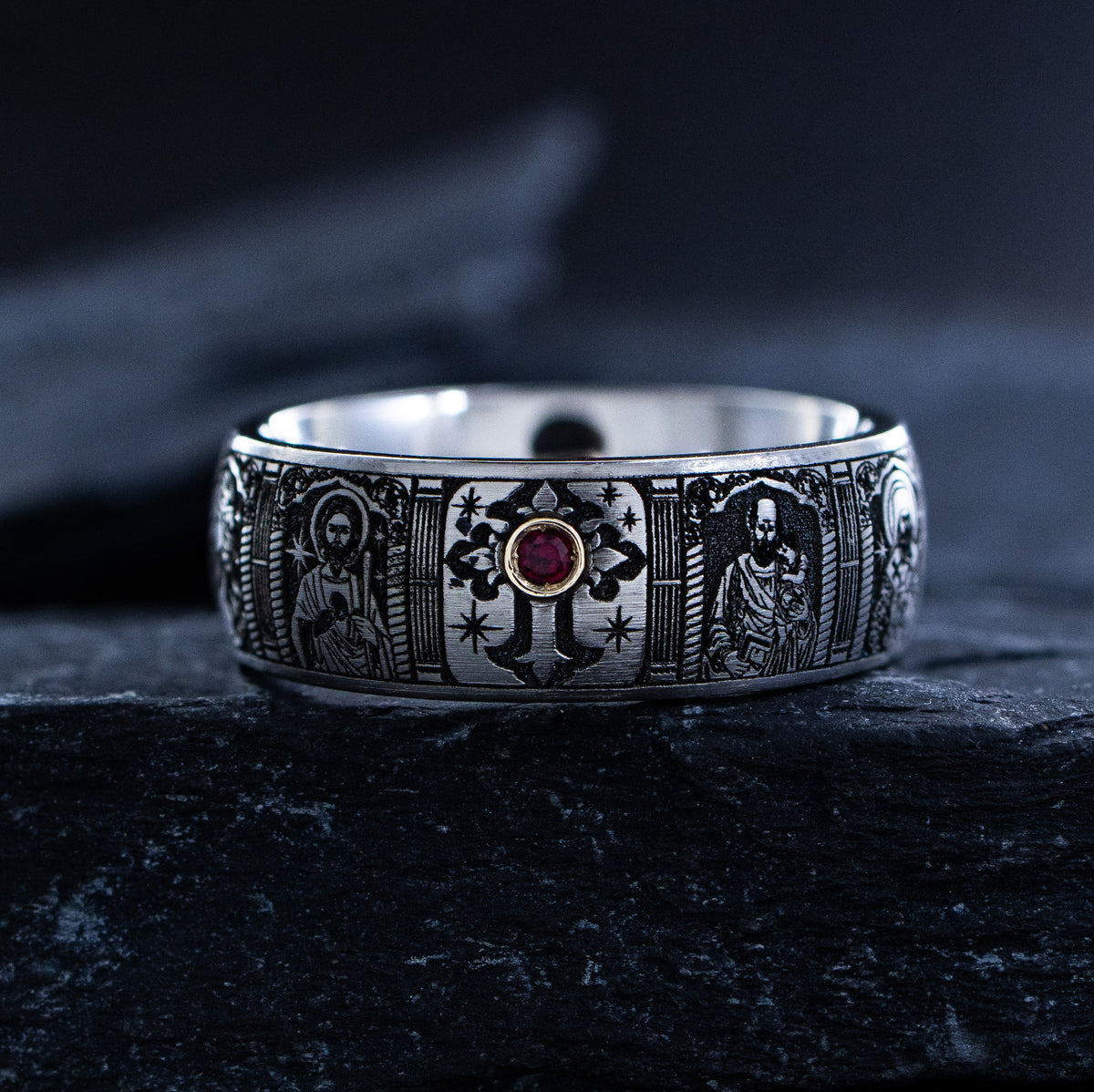 8mm Titanium Ring with Gemstone, Christian Cross, and Christian Saints