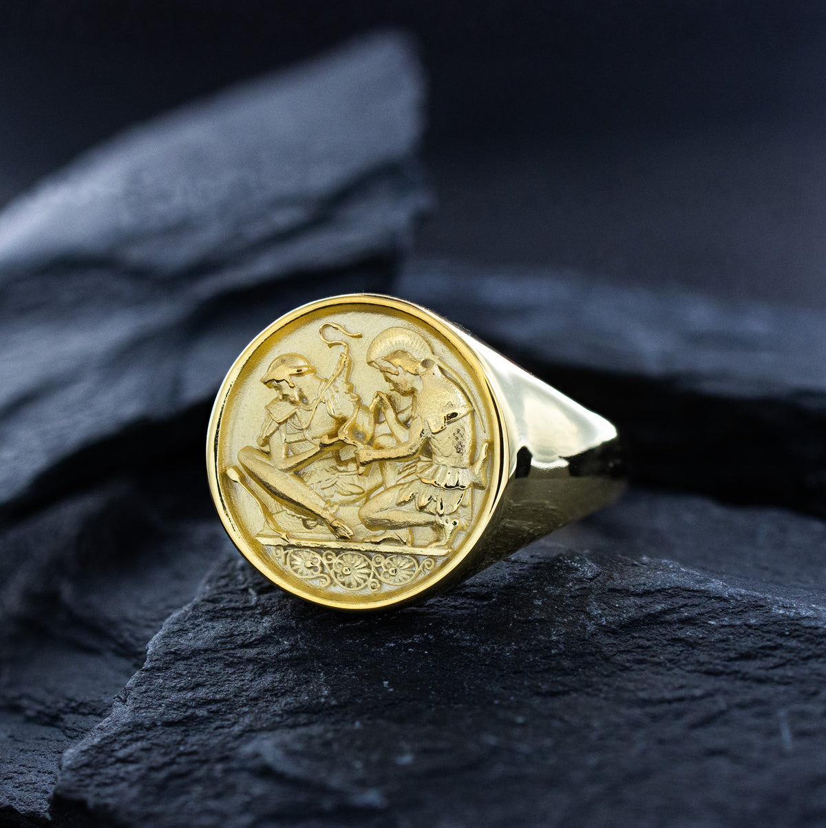 Solid 14k Yellow Gold Signet Ring with Achilles and Patroclus