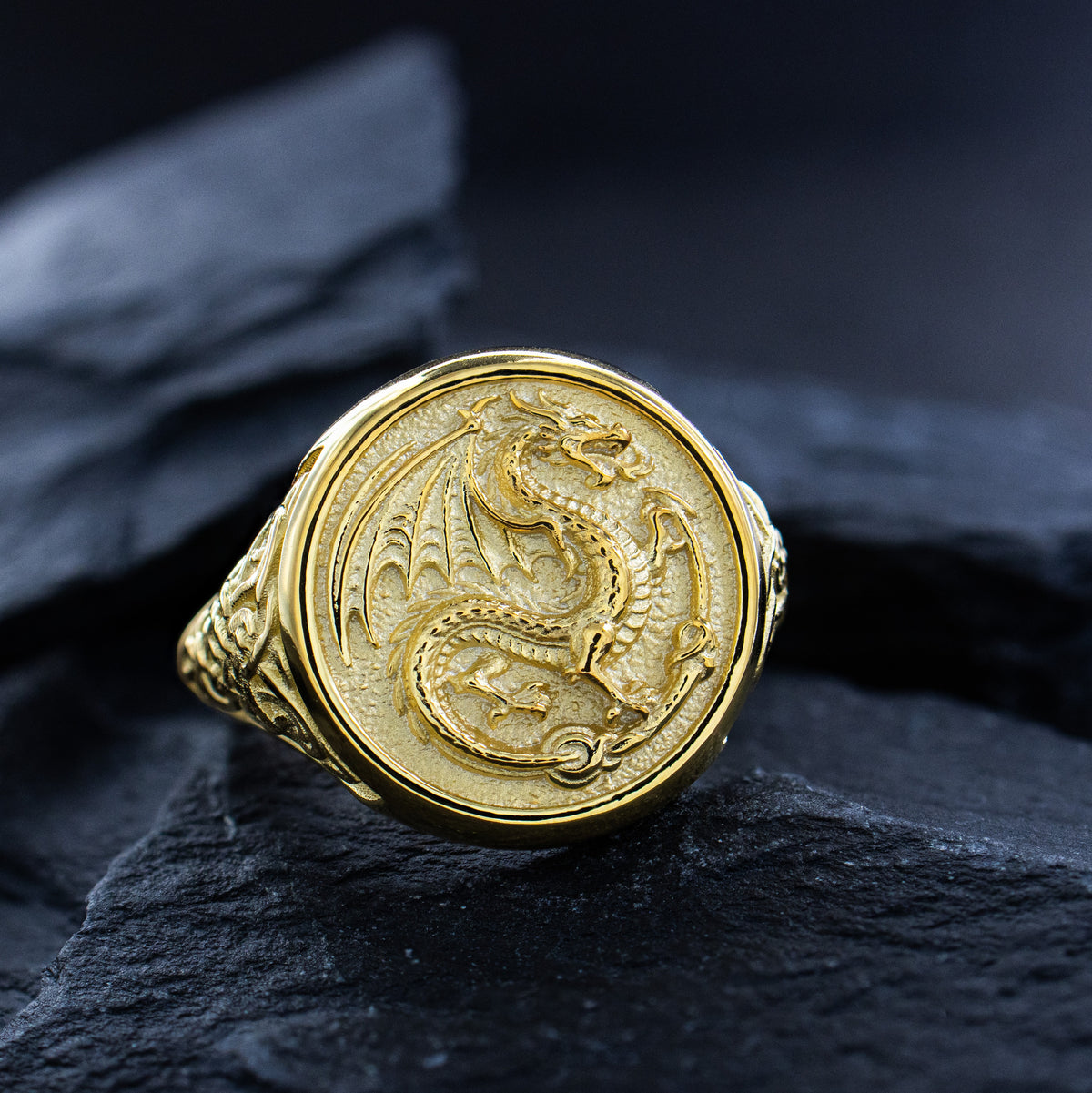 Solid 14k Yellow Gold Signet Ring with Celtic Dragon and Knotwork
