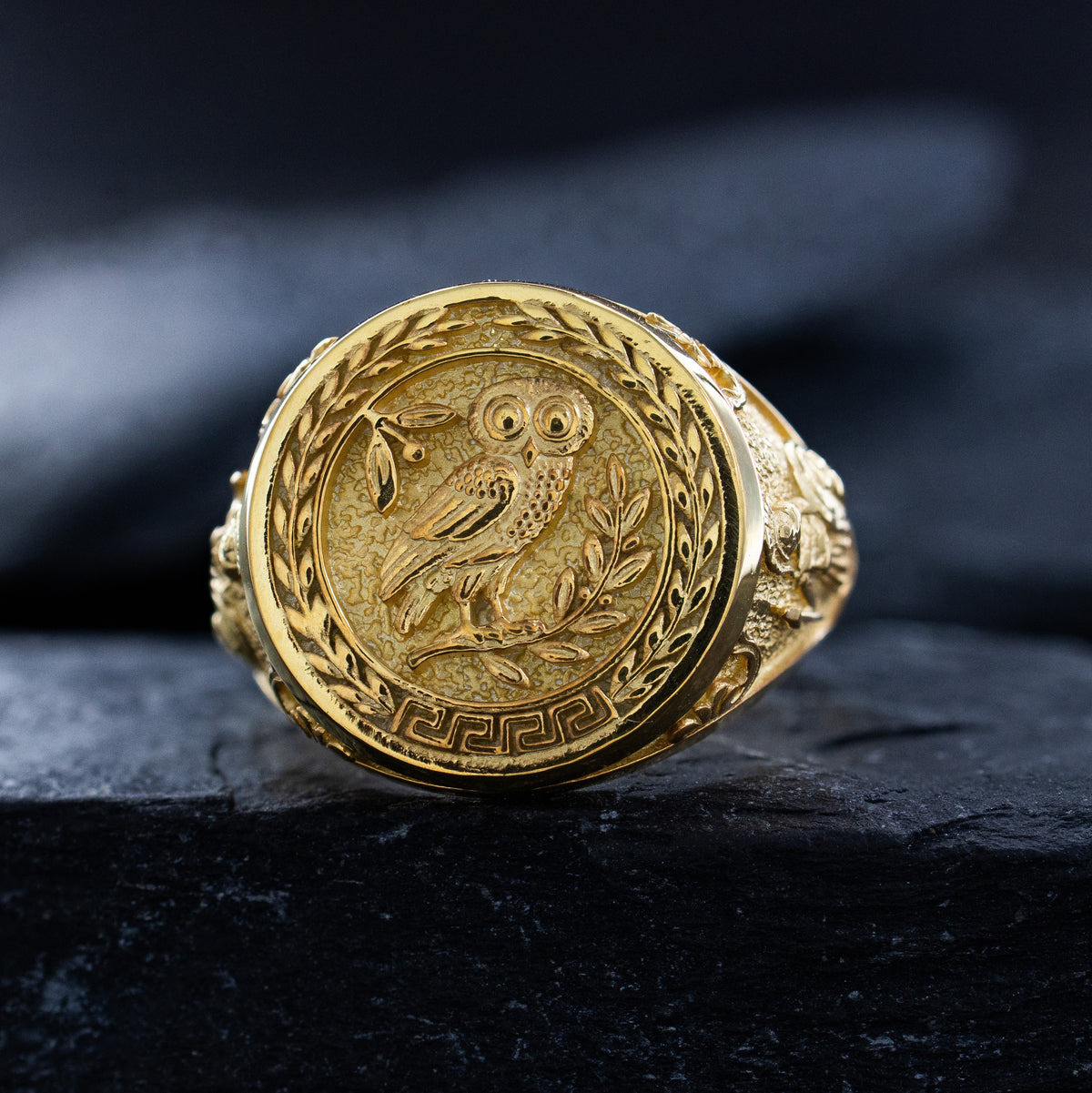 Solid 14k Yellow Gold Signet Ring with Owl of Athena