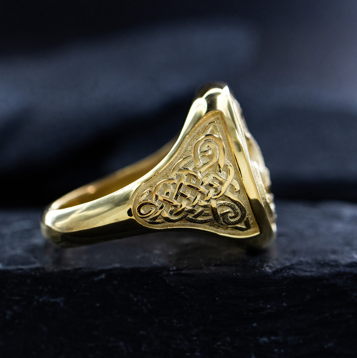 Solid 14k Yellow Gold Signet Ring with Celtic Dragon and Knotwork