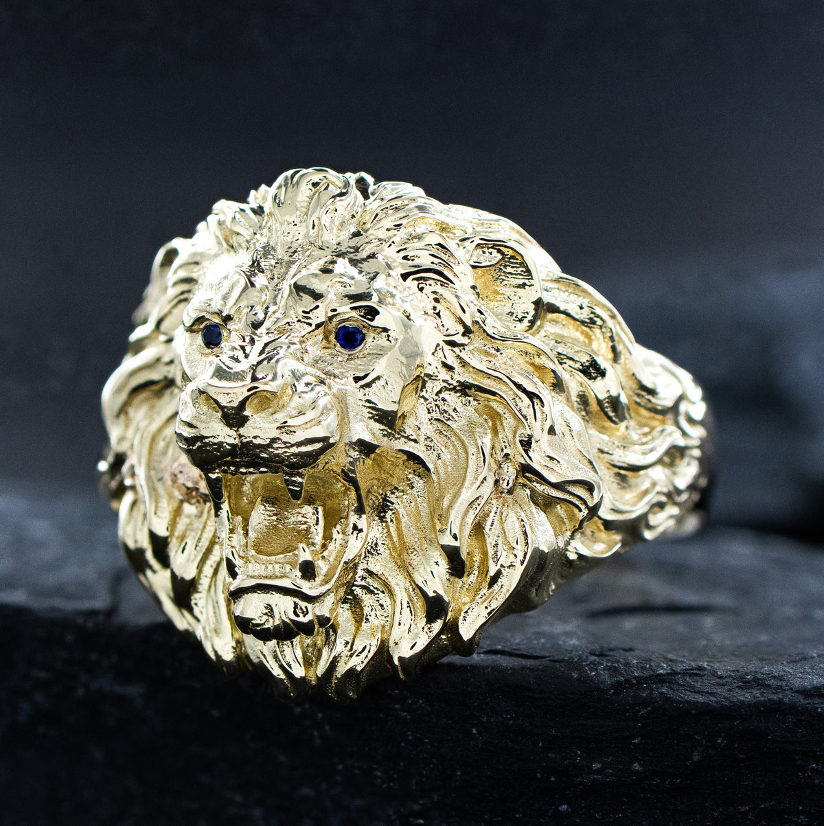 Solid Yellow Gold Fierce Lion Head Ring with Gemstones