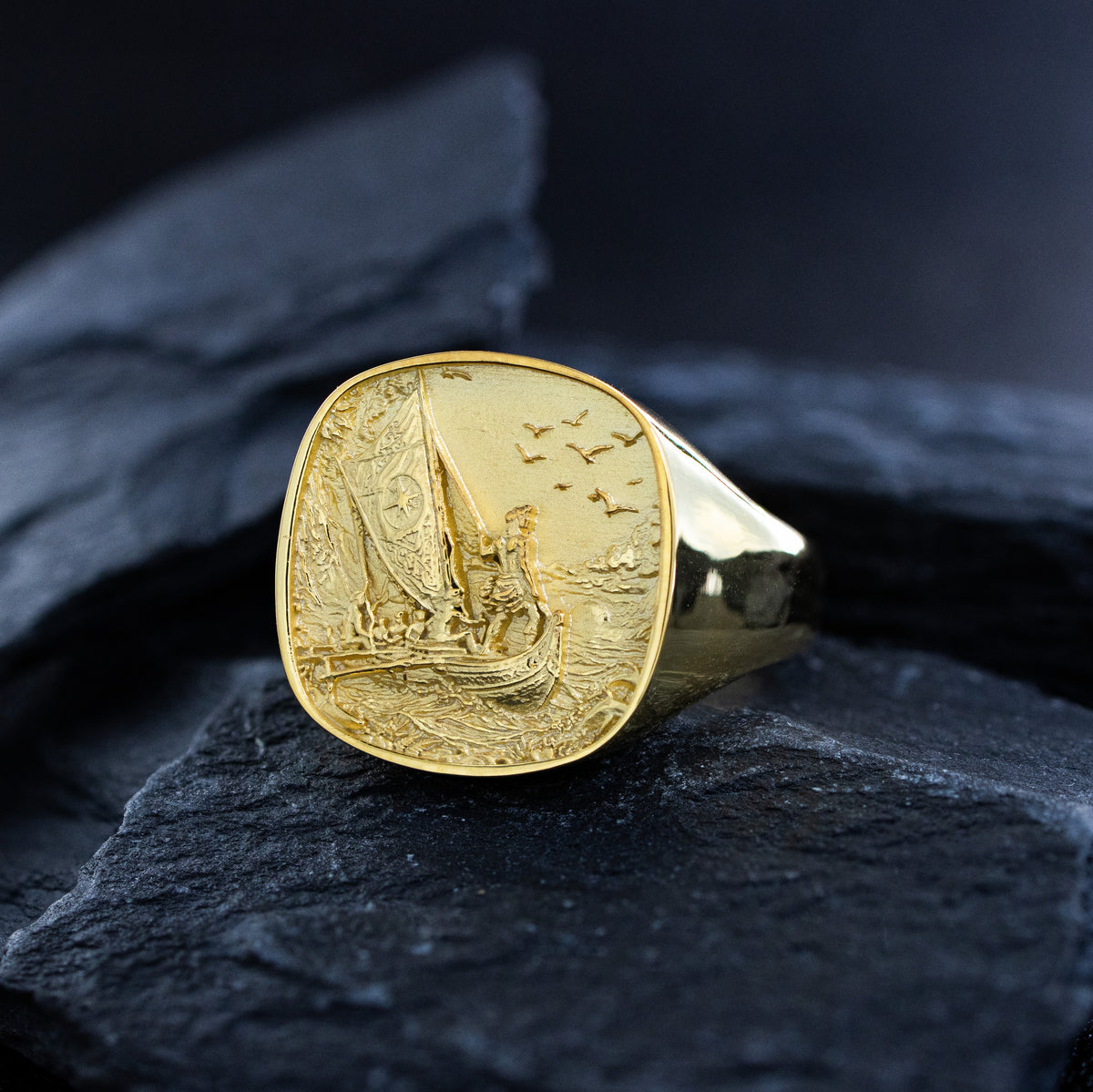 Solid 14k Yellow Gold Signet Ring with Pacific Islander Motifs