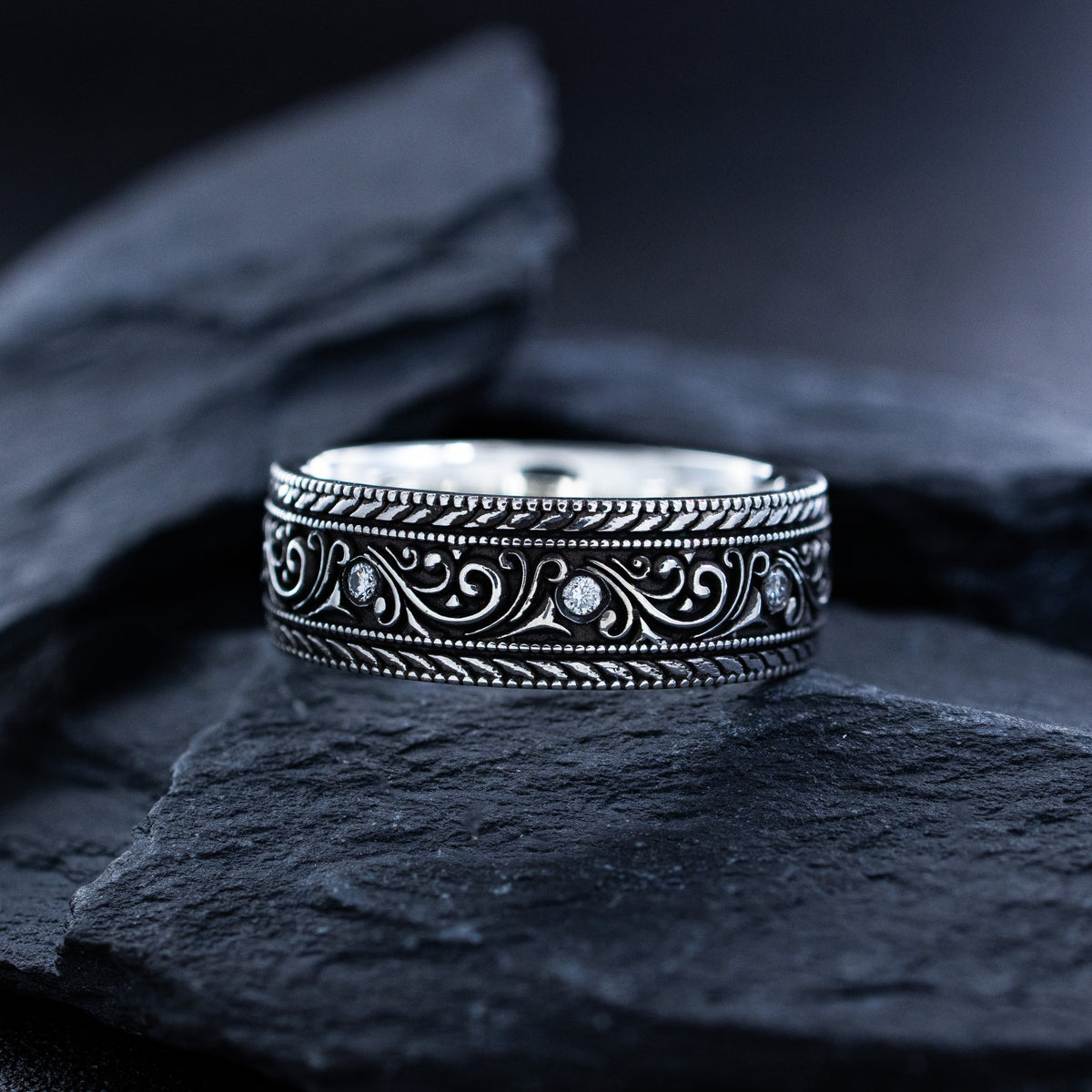 8mm Sterling Silver Band with Floral Pattern and Gemstones
