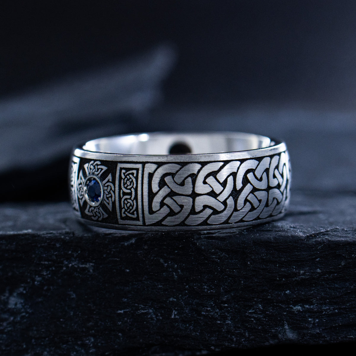 8mm Deep Engraved Titanium Band with Celtic Knots, Celtic Cross, and Gemstone
