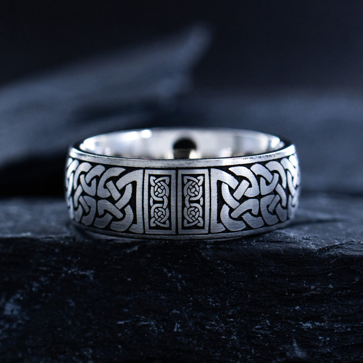 8mm Deep Engraved Titanium Band with Celtic Knots, Celtic Cross, and Gemstone
