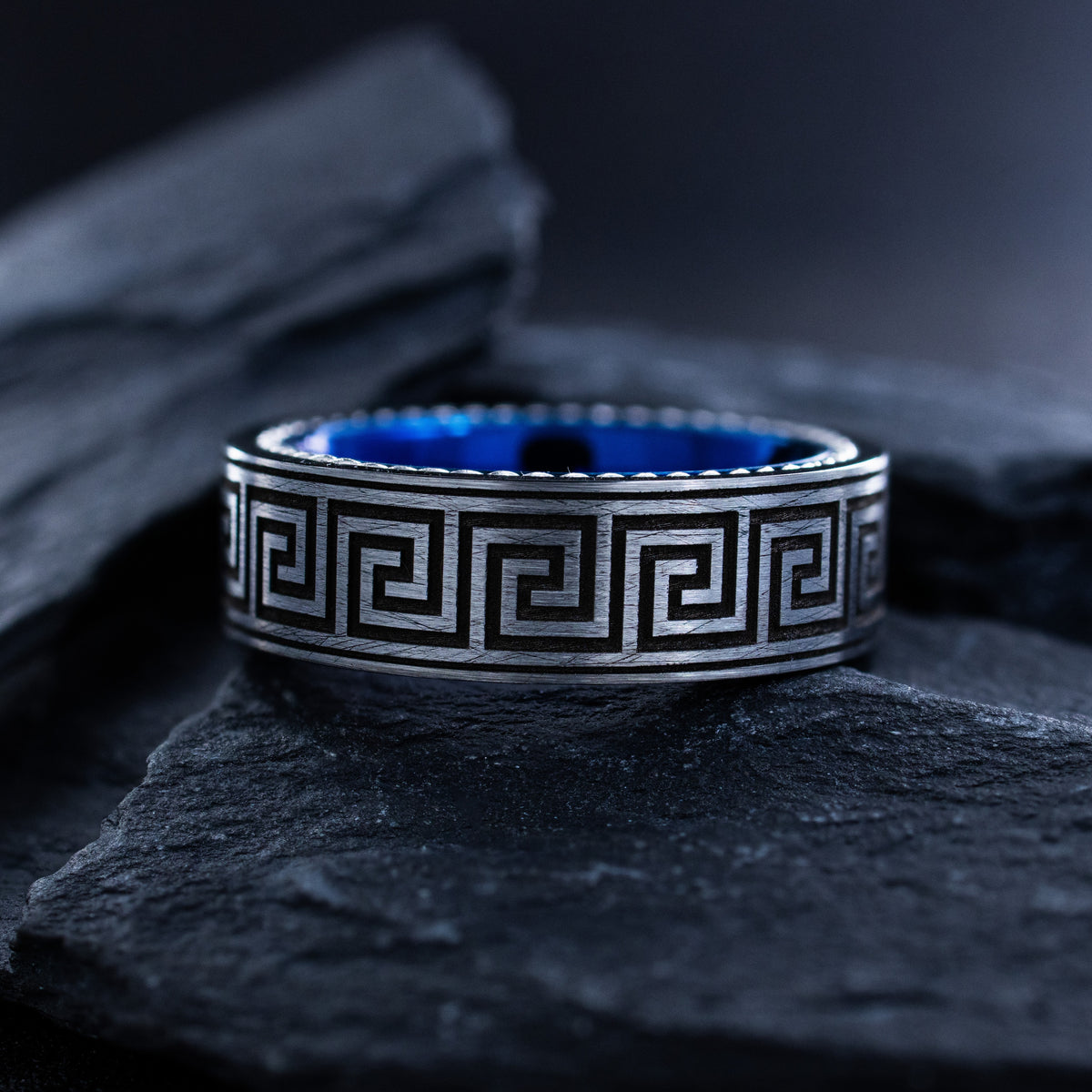 8mm Greek Key Blue Tungsten Carbide Ring with Braided Rope Edges