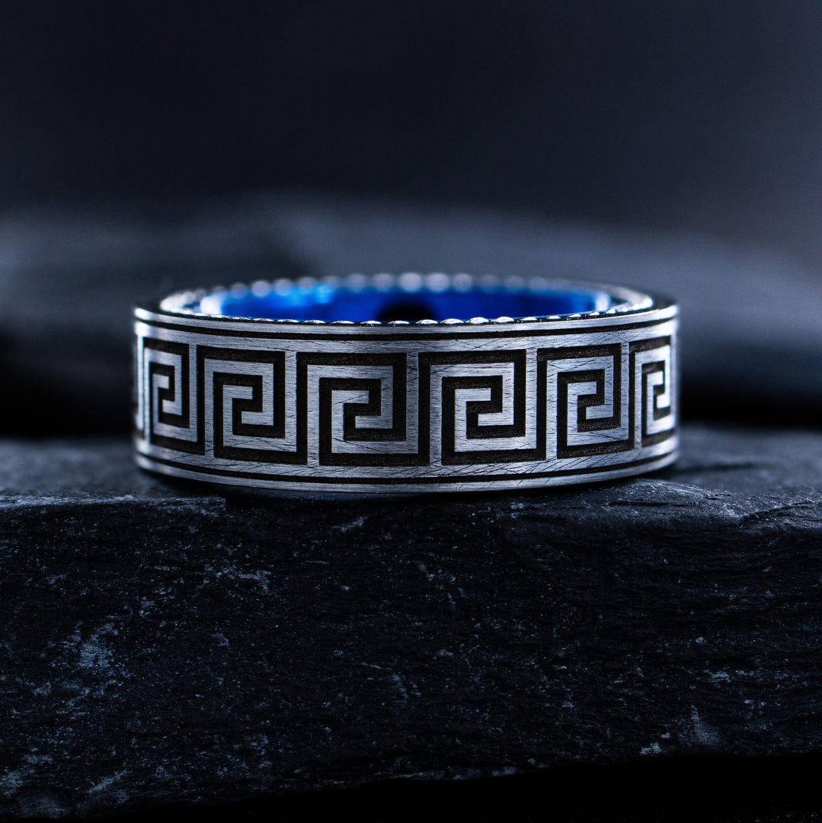 8mm Greek Key Blue Tungsten Carbide Ring with Braided Rope Edges