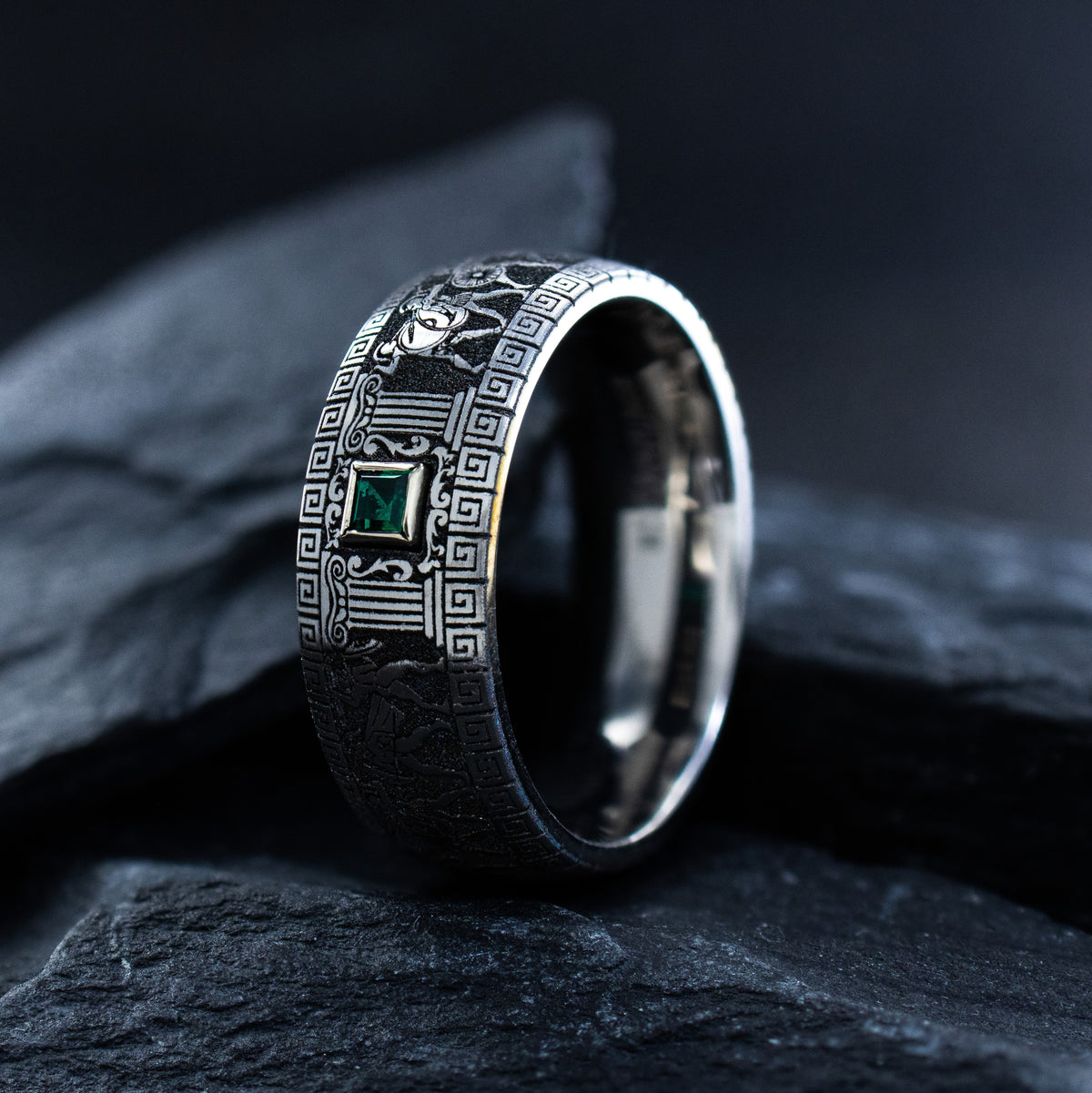 8mm Deep Engraved Titanium Band with Greek Warriors and Gemstone